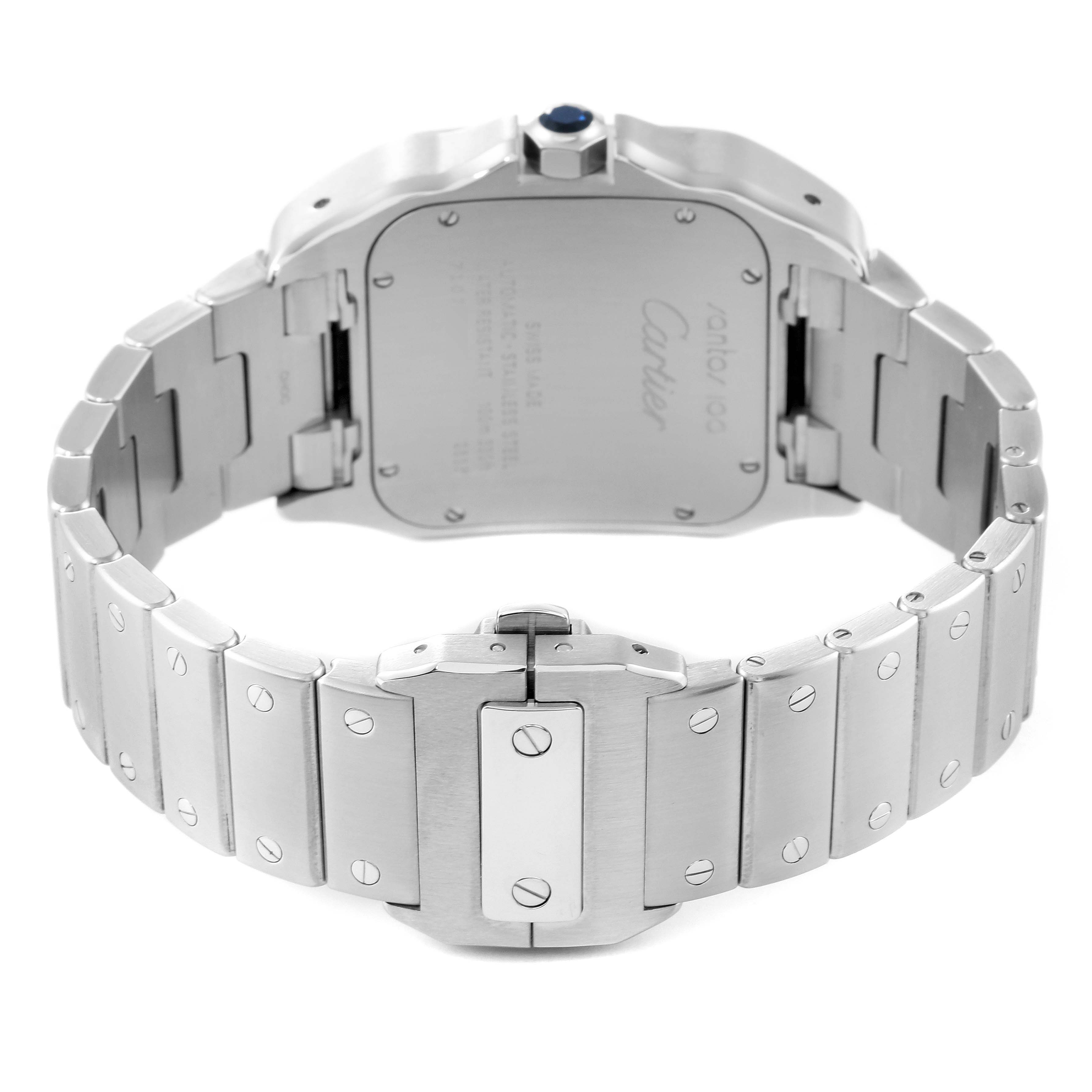 This image shows the back view and bracelet of the Santos model by Cartier.