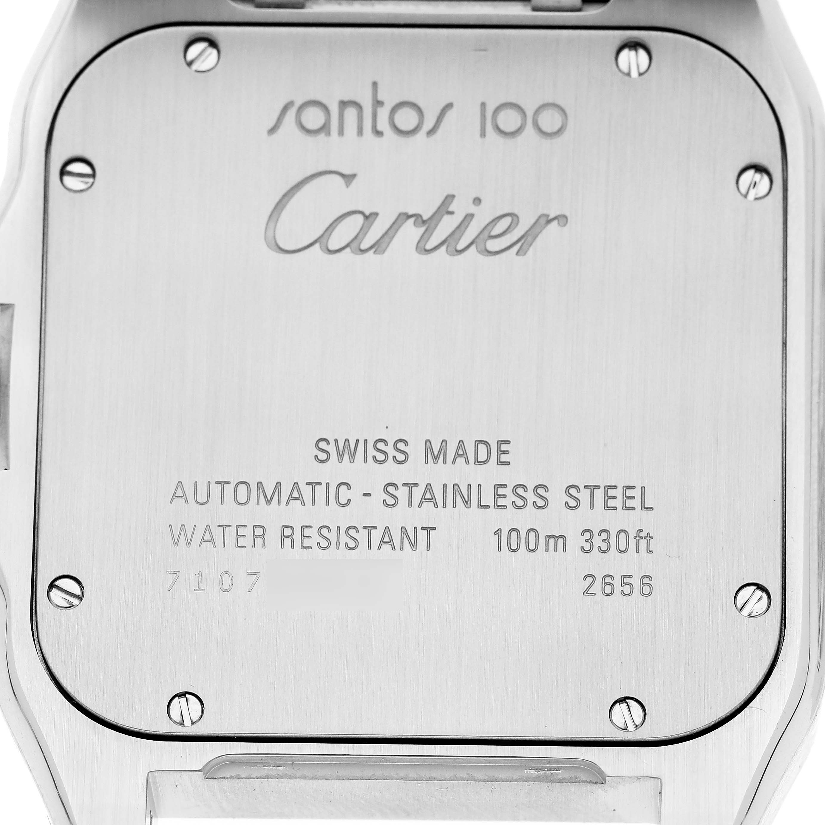 This image shows the back case of the Santos 100 watch by Cartier, highlighting its markings and screw details.
