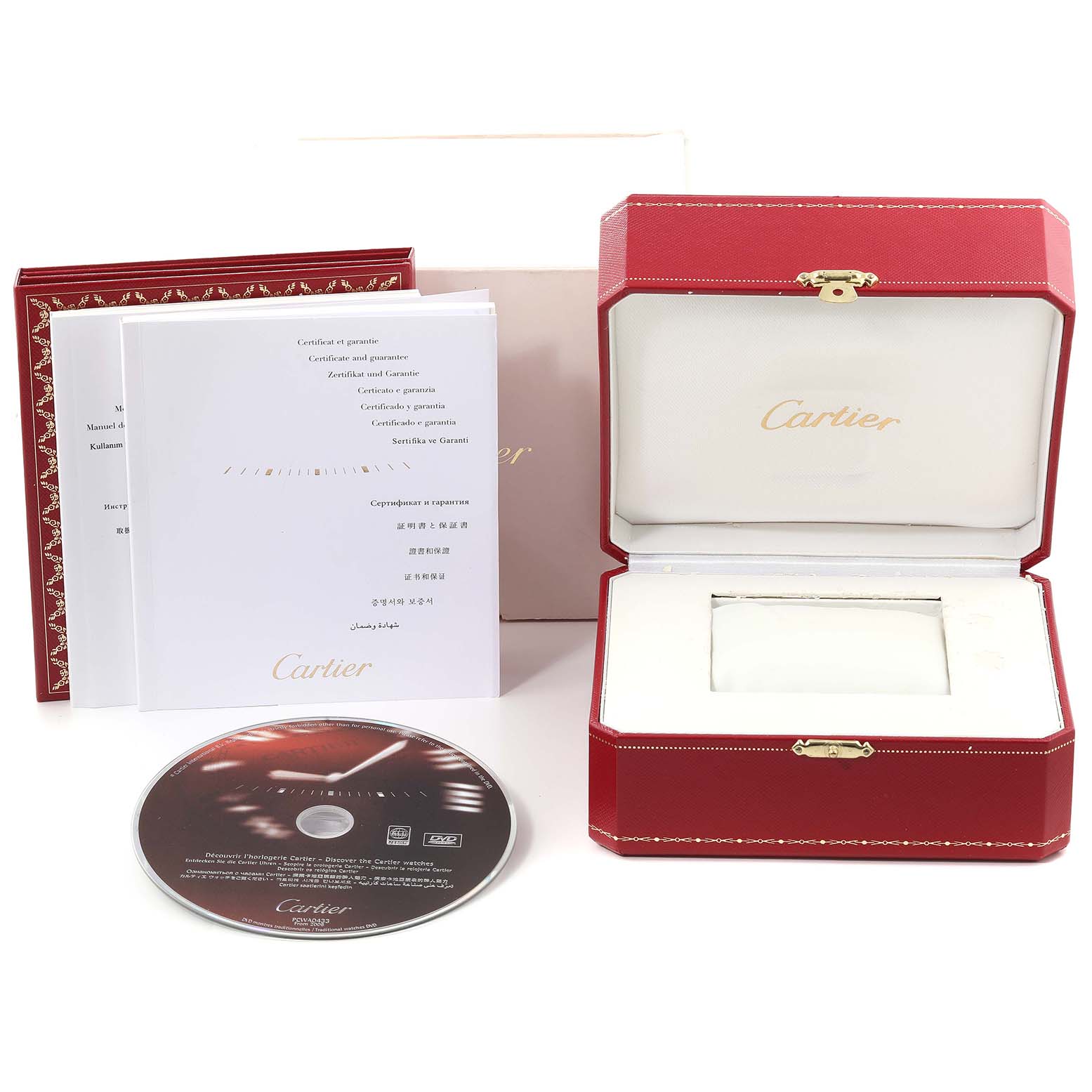 The image shows Cartier Santos W200737G Men's Stainless Steel Silver Dial W200737G Men's Stainless Steel Silver Dial watch accessories, including a box, manuals, and a DVD, from a front angle.