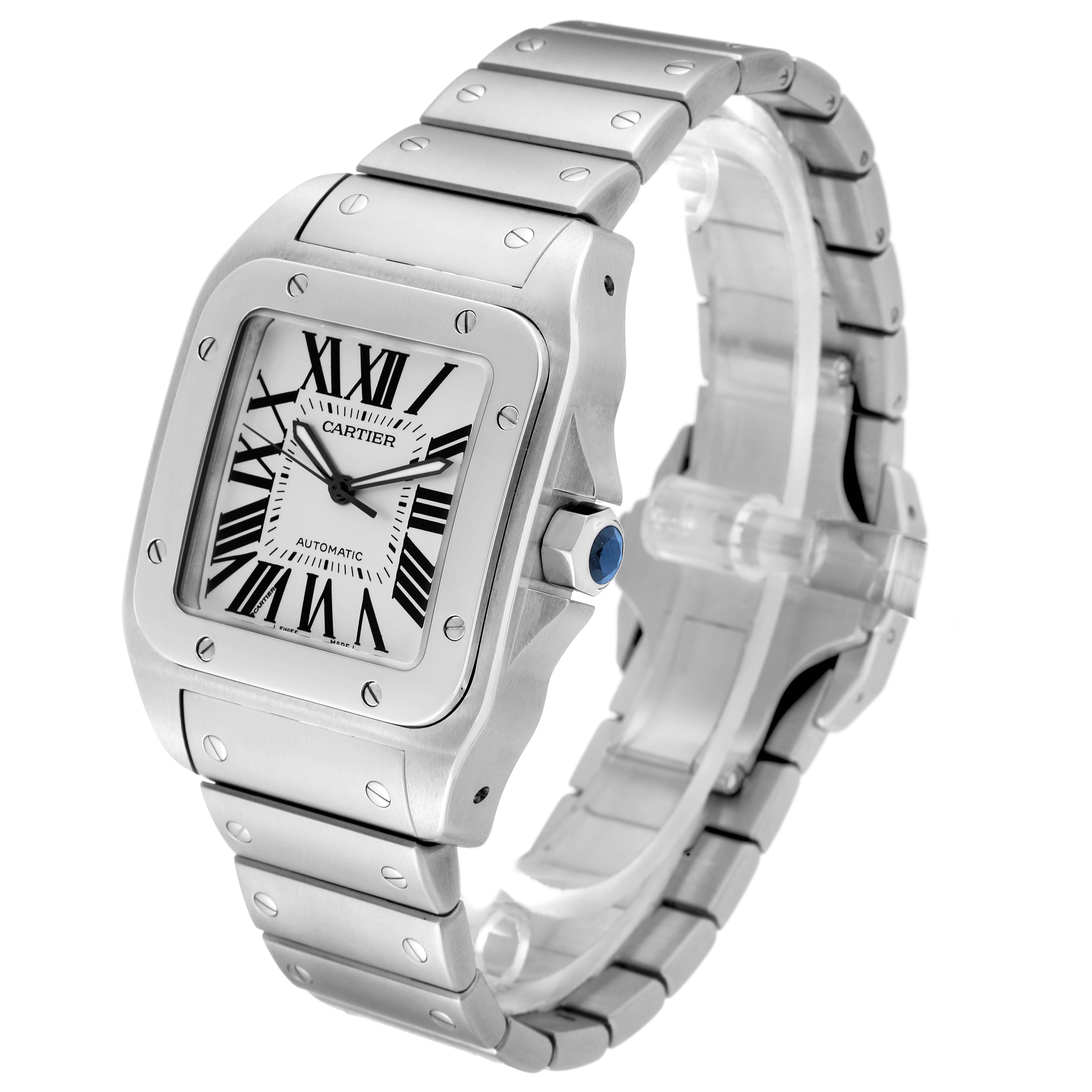 This image shows a Santos model by Cartier at a three-quarter angle, highlighting the face, bezel, crown, and metal bracelet.