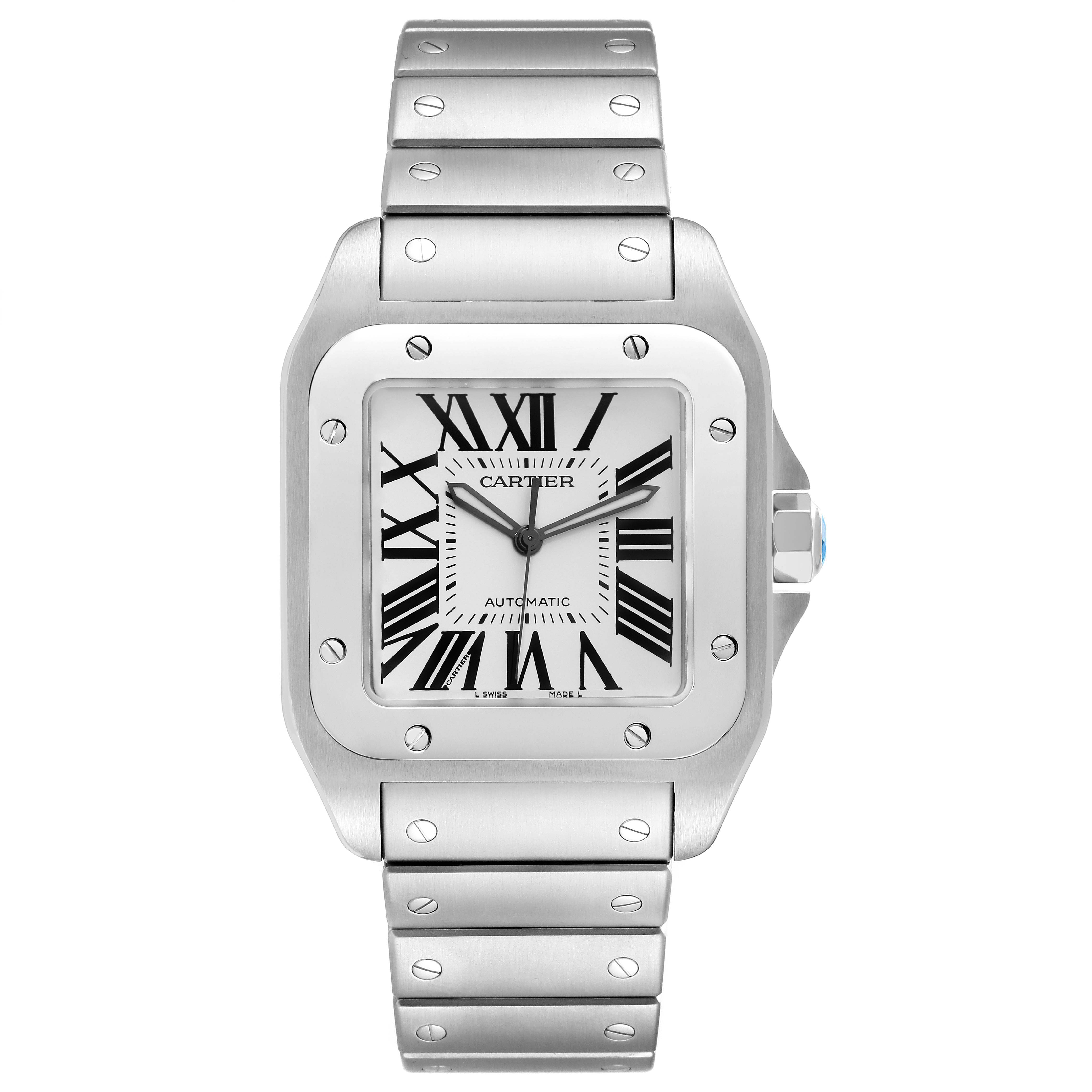 This is a frontal view of the Cartier Santos W200737G Men's Stainless Steel Silver Dial W200737G Men's Stainless Steel Silver Dial watch, showing its face, bezel, and bracelet.