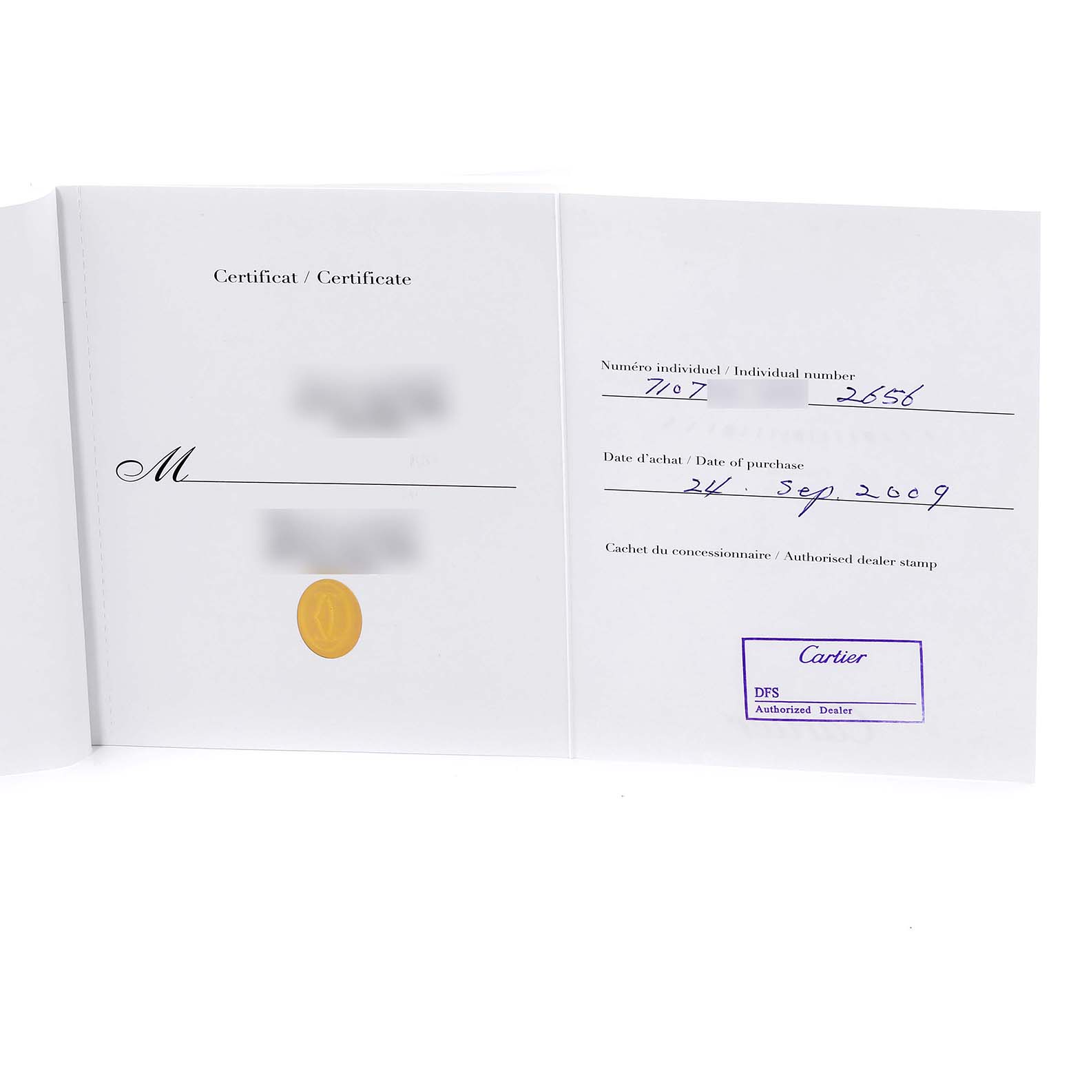 This is the certificate of the Cartier Santos W200737G Men's Stainless Steel Silver Dial W200737G Men's Stainless Steel Silver Dial model watch, including the individual number, purchase date, and dealer stamp.