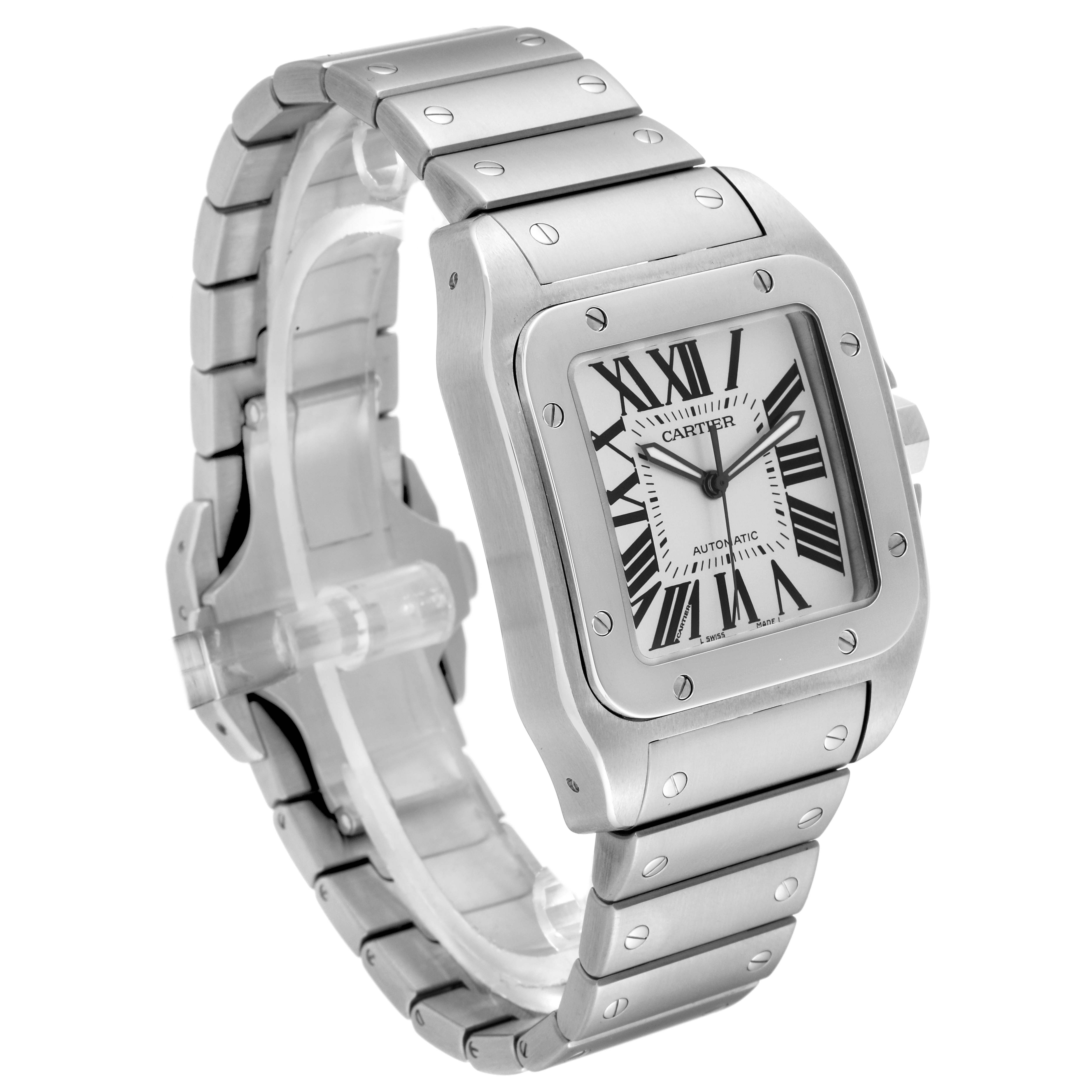 The Cartier Santos W200737G Men's Stainless Steel Silver Dial W200737G Men's Stainless Steel Silver Dial watch is displayed at a three-quarter angle, showing its face, bezel, and metal bracelet.