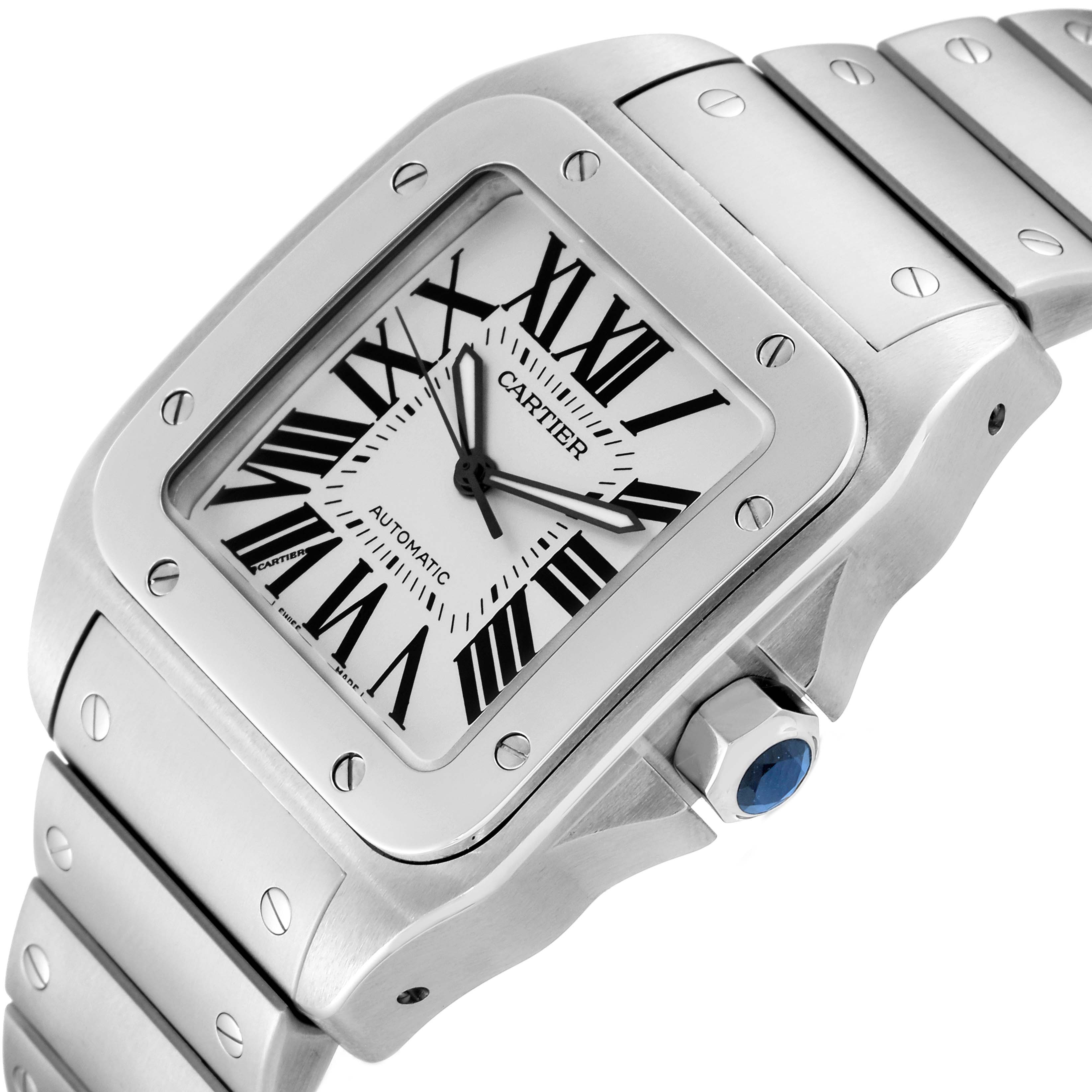 A side angle of the Cartier Santos W200737G Men's Stainless Steel Silver Dial W200737G Men's Stainless Steel Silver Dial watch showing the face, bezel, crown, and part of the bracelet.