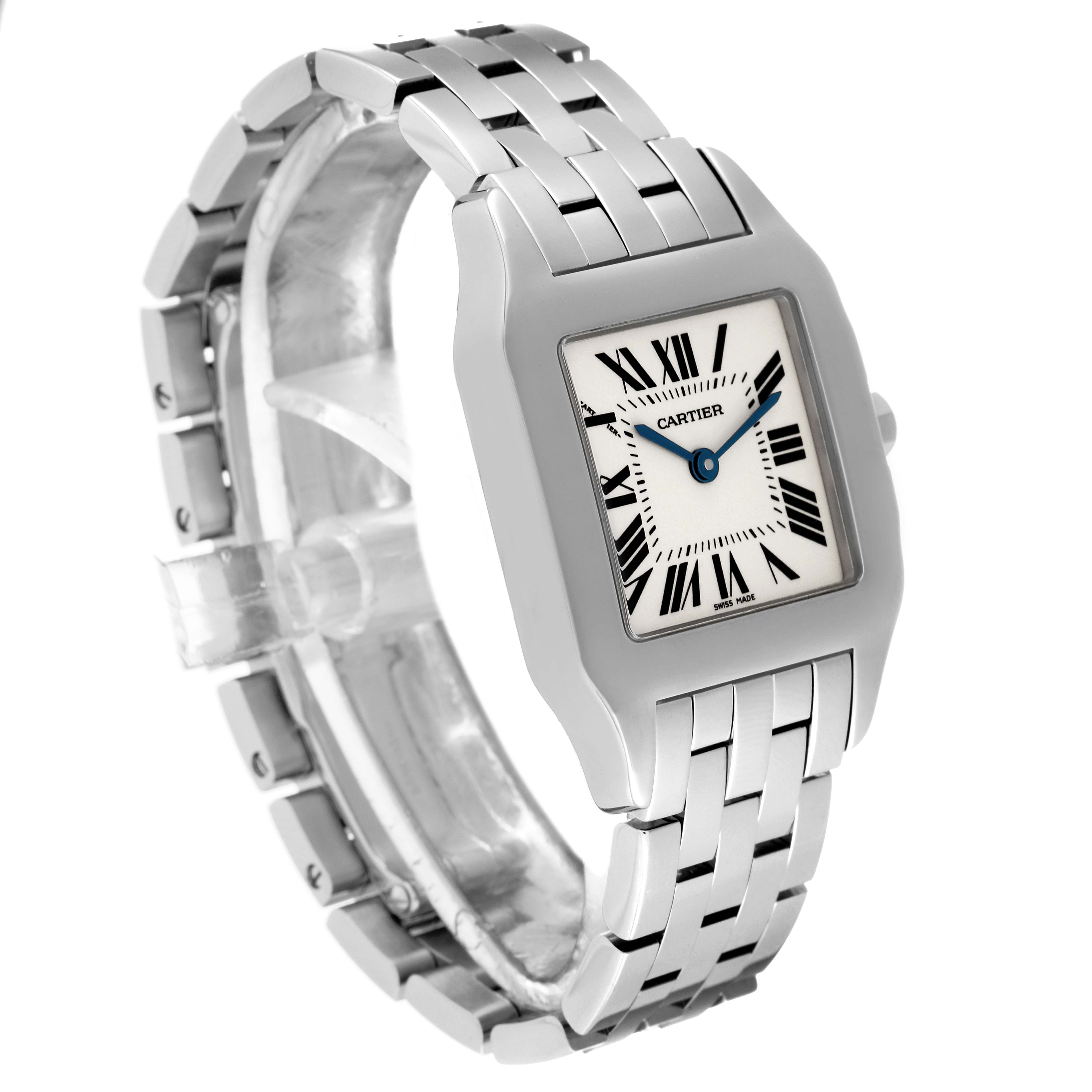 This image shows a Santos Demoiselle watch by Cartier at a side-angle, highlighting its face, case, and metal bracelet.