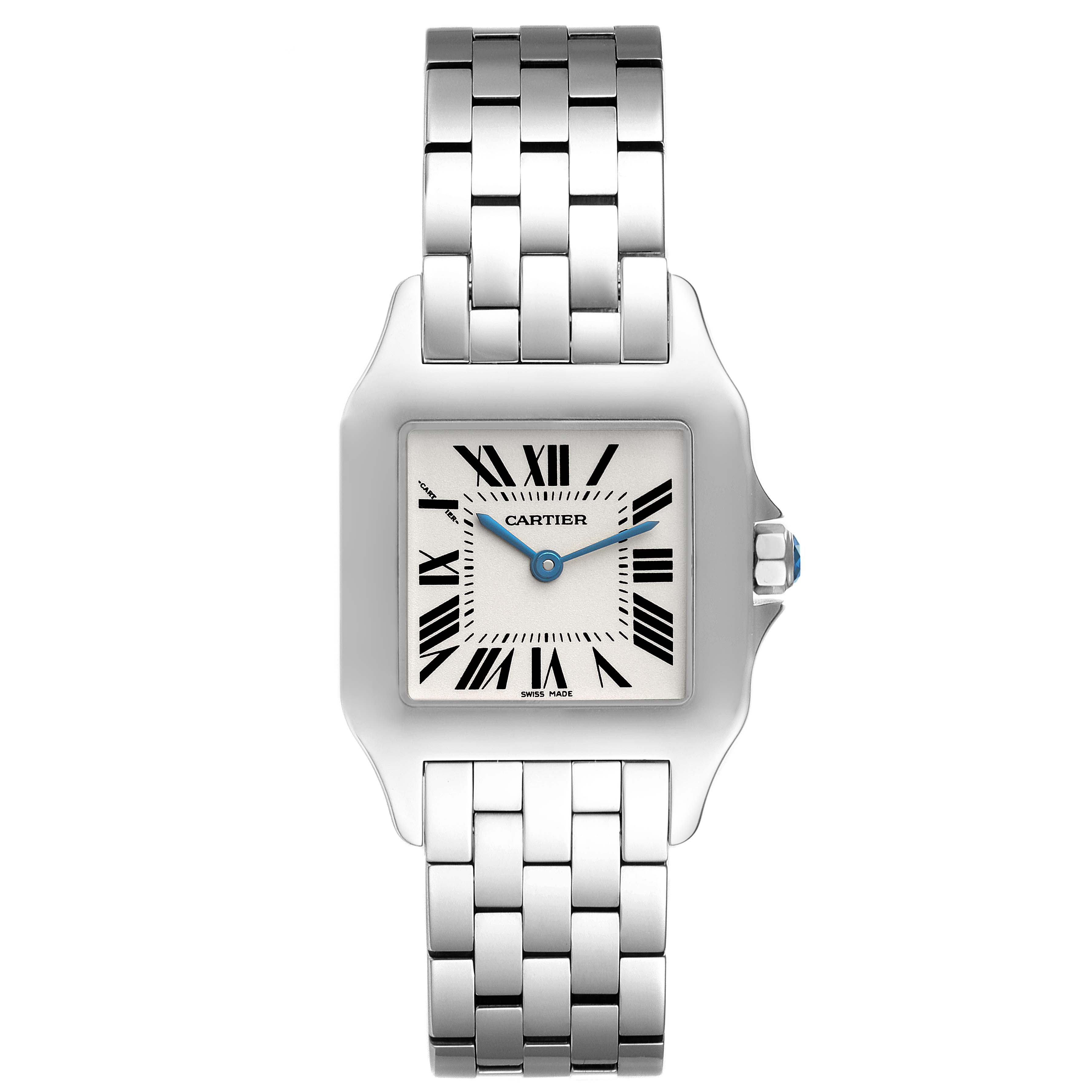The image shows a front view of the Cartier Santos Demoiselle W25065Z5 Women
s Stainless Steel Silver Dial W25065Z5 Women
s Stainless Steel Silver Dial watch, highlighting its face and stainless steel bracelet.