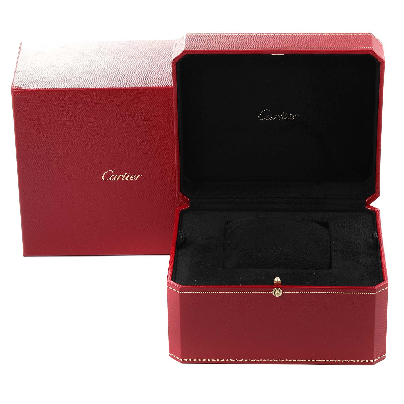 This image shows the open red Cartier Santos Demoiselle W25065Z5 Women
s Stainless Steel Silver Dial W25065Z5 Women
s Stainless Steel Silver Dial watch box, alongside its exterior packaging.