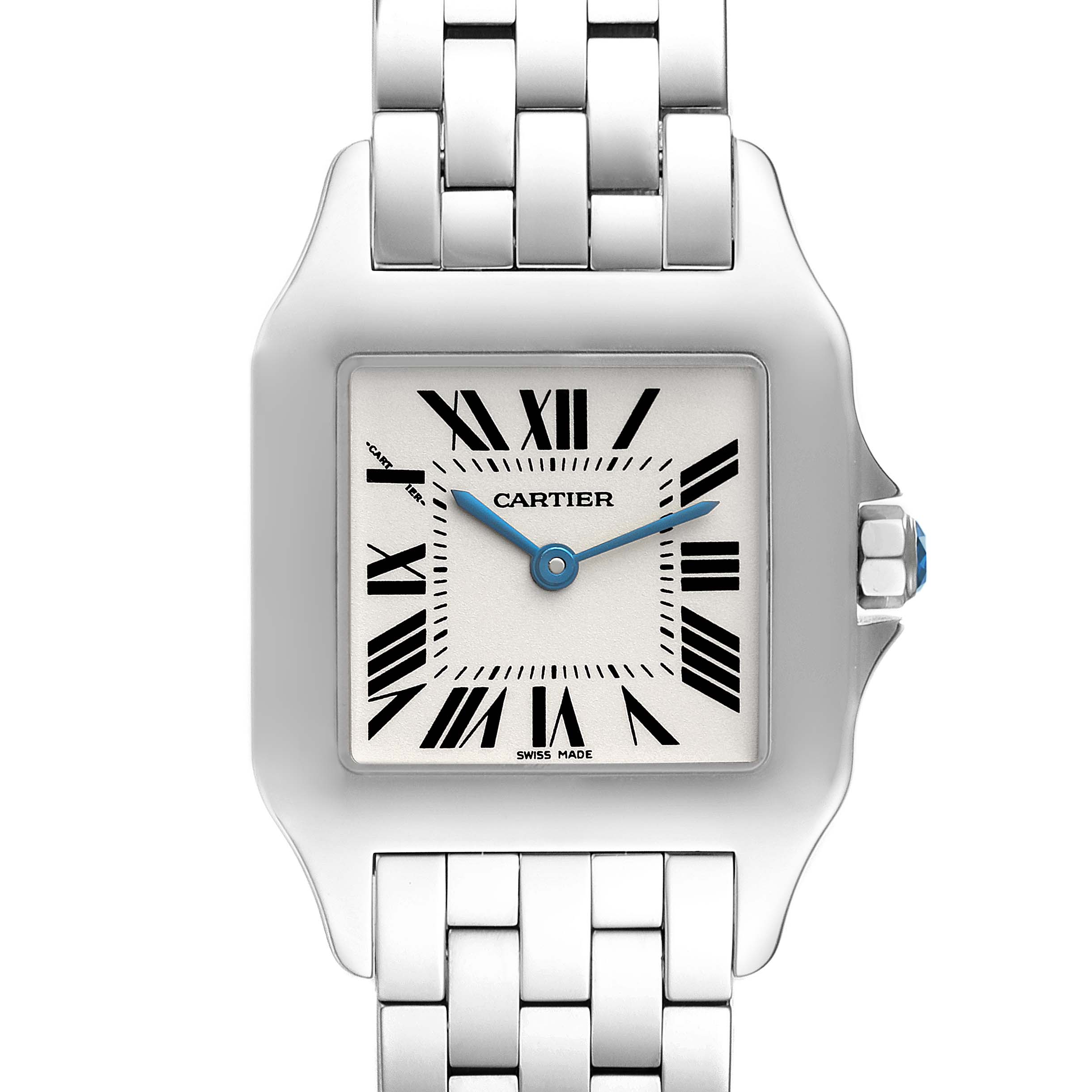 This image shows a front view of the Cartier Santos Demoiselle W25065Z5 Women
s Stainless Steel Silver Dial W25065Z5 Women
s Stainless Steel Silver Dial watch, highlighting its face, bezel, crown, and a portion of its bracelet.