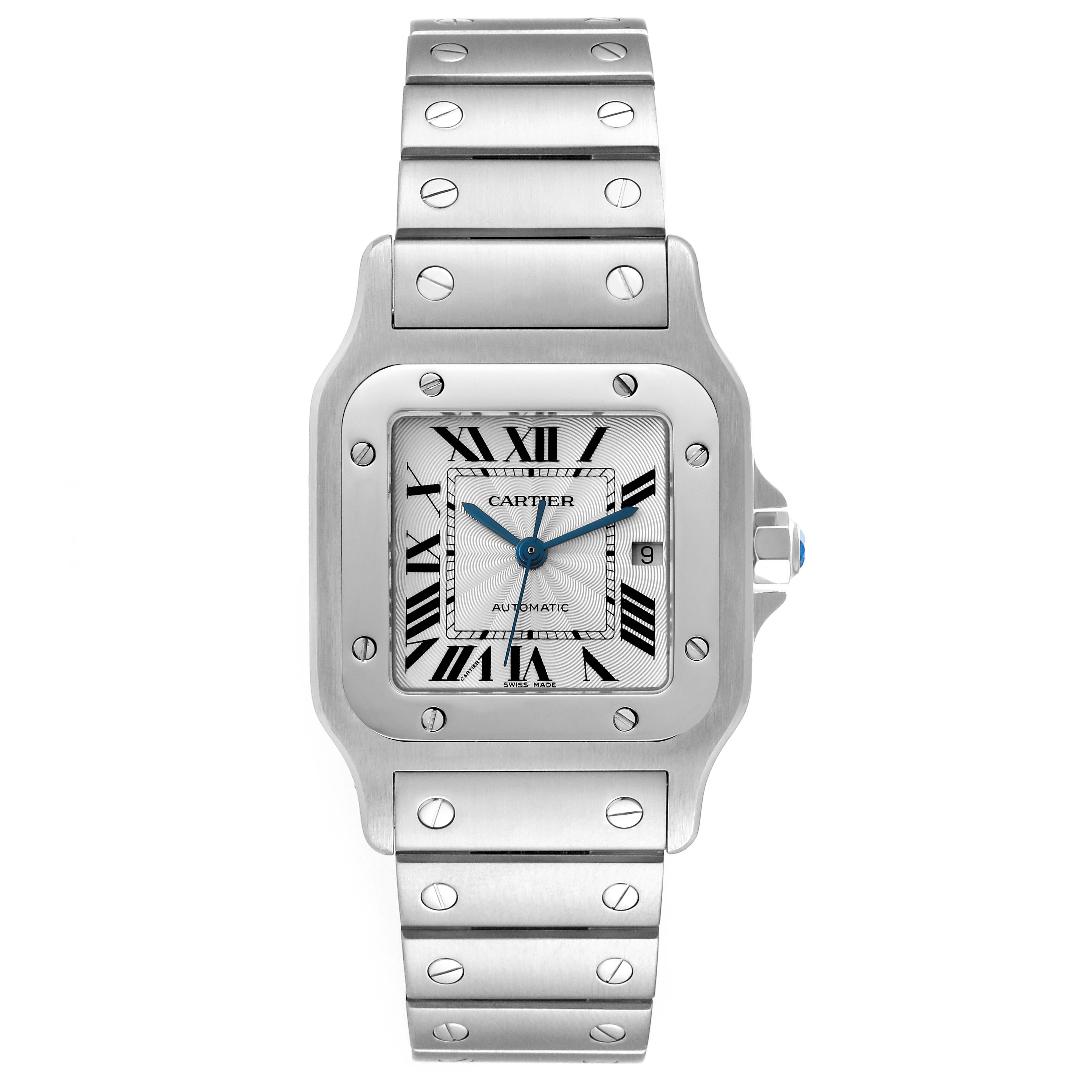 The image shows a front view of the Cartier Santos W20055D6 Men
s Stainless Steel Silver Dial W20055D6 Men
s Stainless Steel Silver Dial watch, displaying its face, bracelet, and bezel.