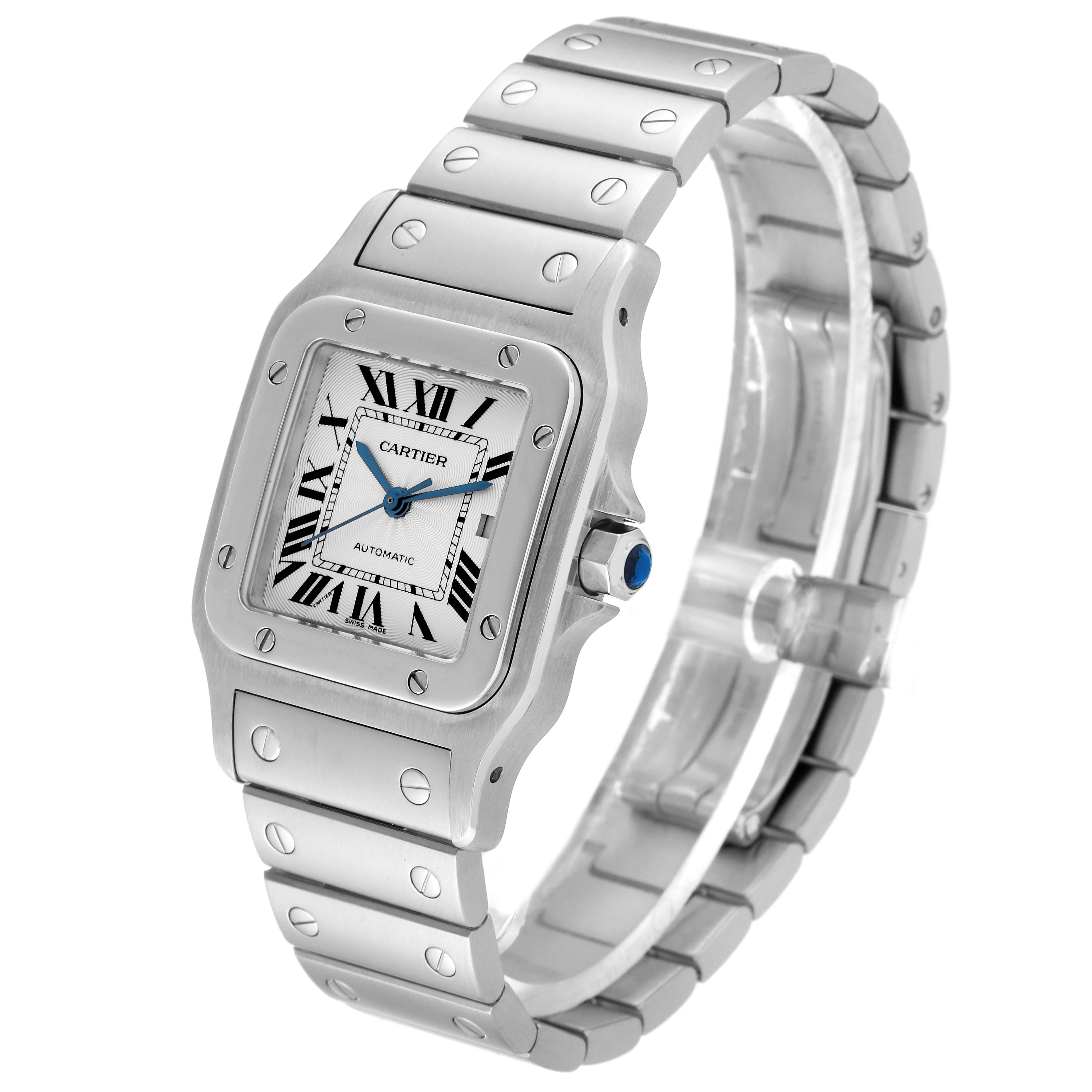 The image shows a Cartier Santos W20055D6 Men
s Stainless Steel Silver Dial W20055D6 Men
s Stainless Steel Silver Dial watch at a slight angle, displaying the face, bezel, and bracelet with visible screws.