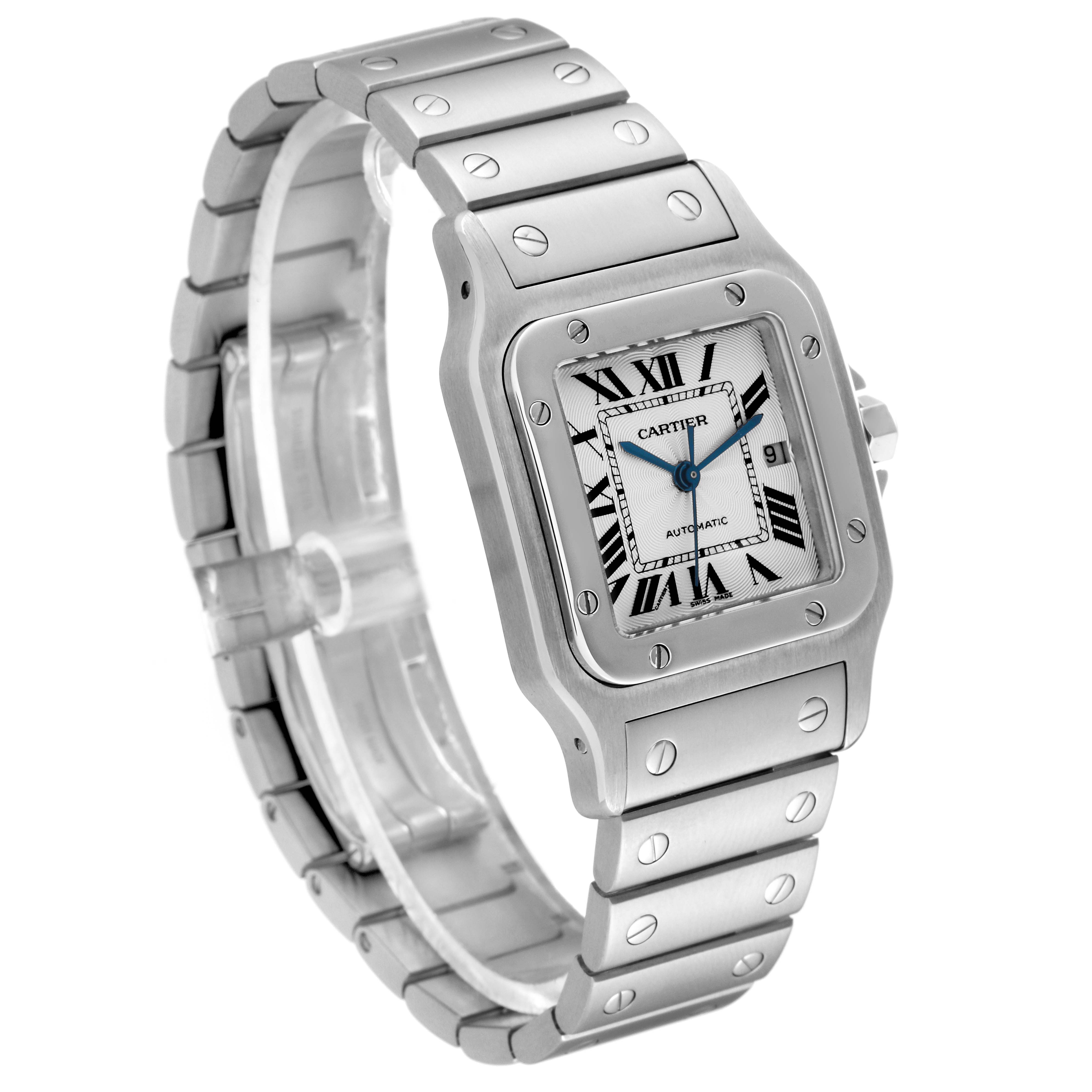 The image shows a Cartier Santos W20055D6 Men
s Stainless Steel Silver Dial W20055D6 Men
s Stainless Steel Silver Dial wristwatch from a side angle, highlighting its stainless-steel bracelet and rectangular face.