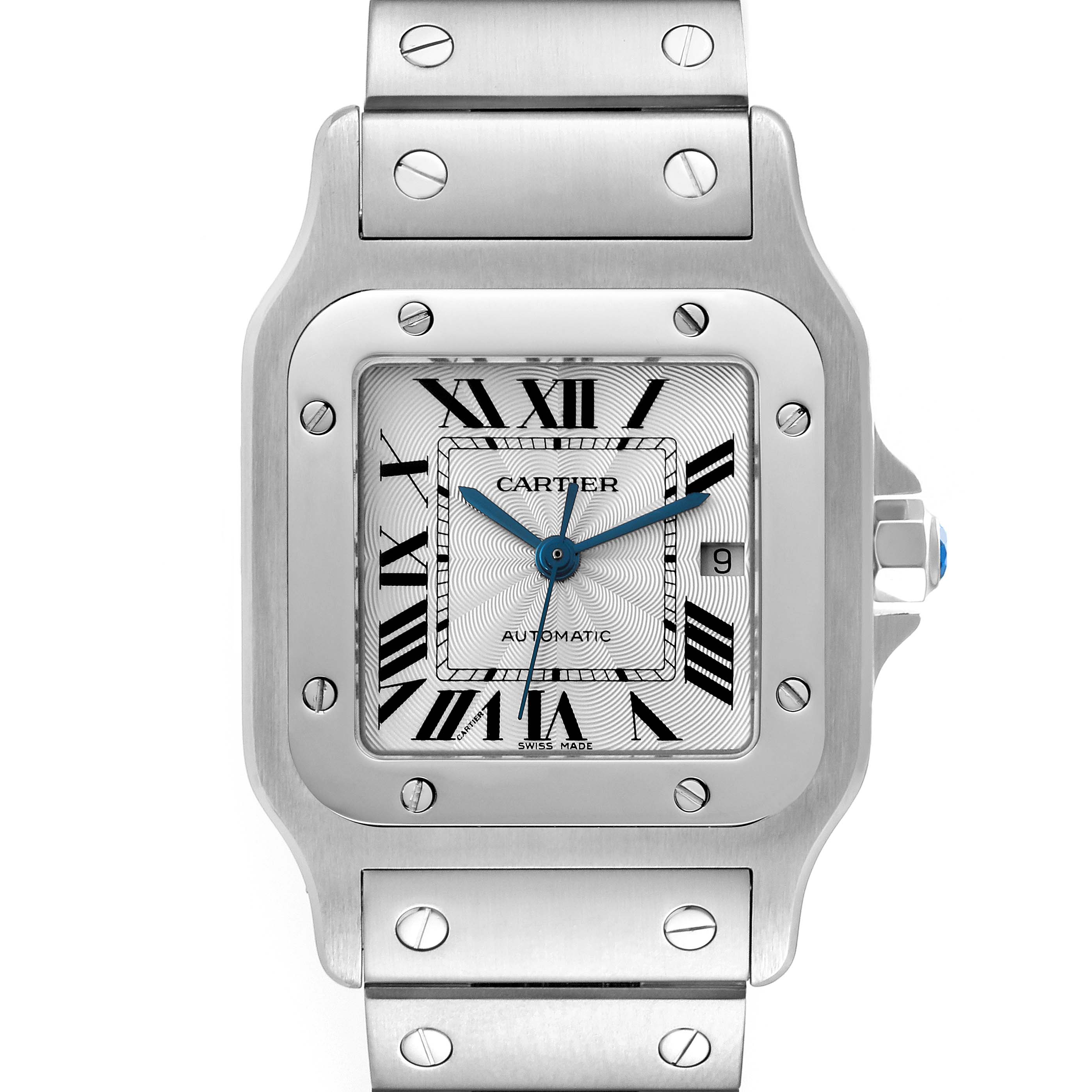 This image shows a front view of the Cartier Santos W20055D6 Men
s Stainless Steel Silver Dial W20055D6 Men
s Stainless Steel Silver Dial model watch, highlighting the face, bezel, and upper bracelet.