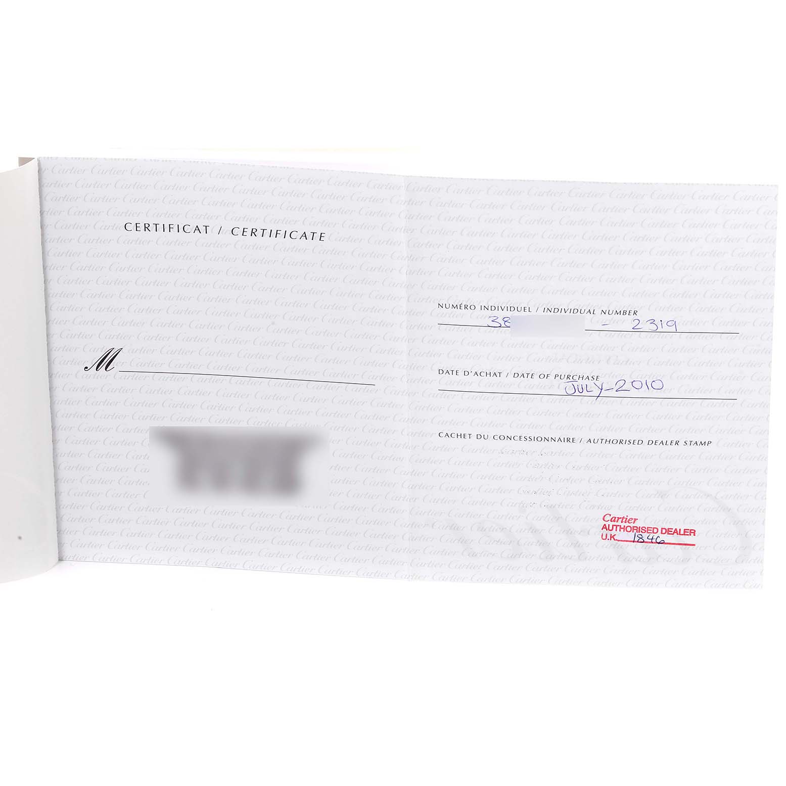 The image shows a Cartier certificate for a Santos model watch, including purchase date and dealer stamp.