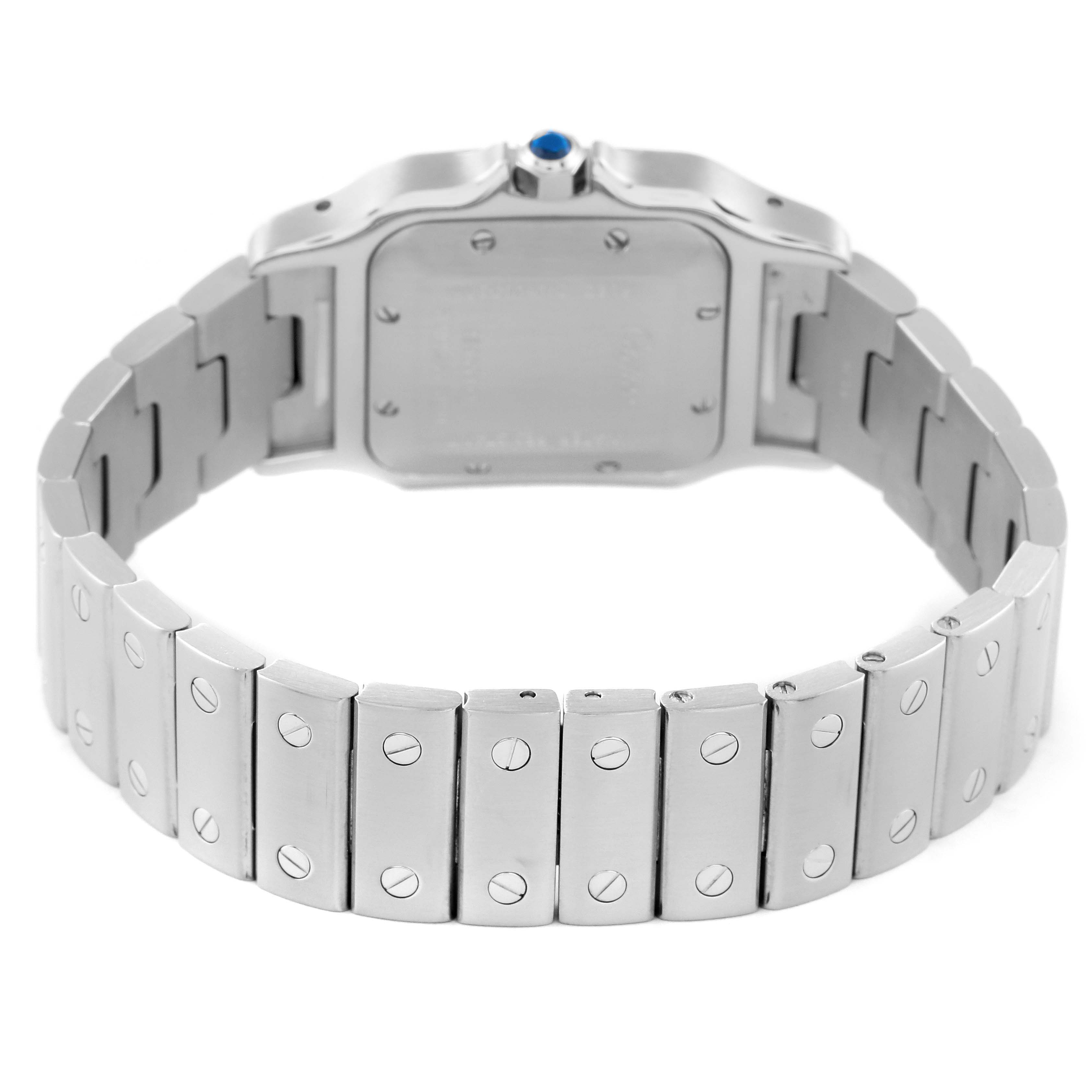 The image shows the back view of a Cartier Santos W20055D6 Men
s Stainless Steel Silver Dial W20055D6 Men
s Stainless Steel Silver Dial watch, highlighting its metal bracelet and case back.