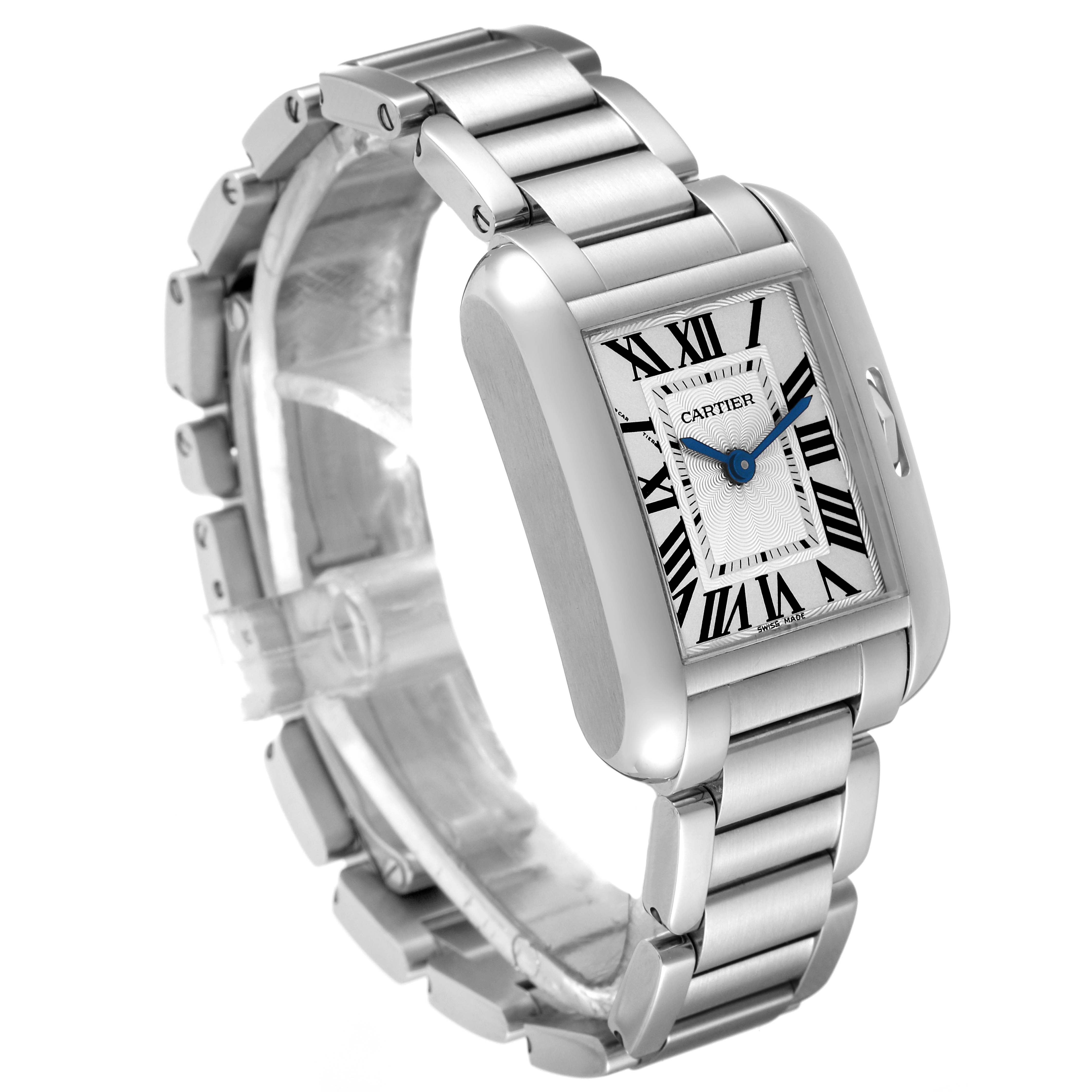 The Tank Anglaise model by Cartier is shown at a slight angle, displaying the face, bracelet, and part of the side.