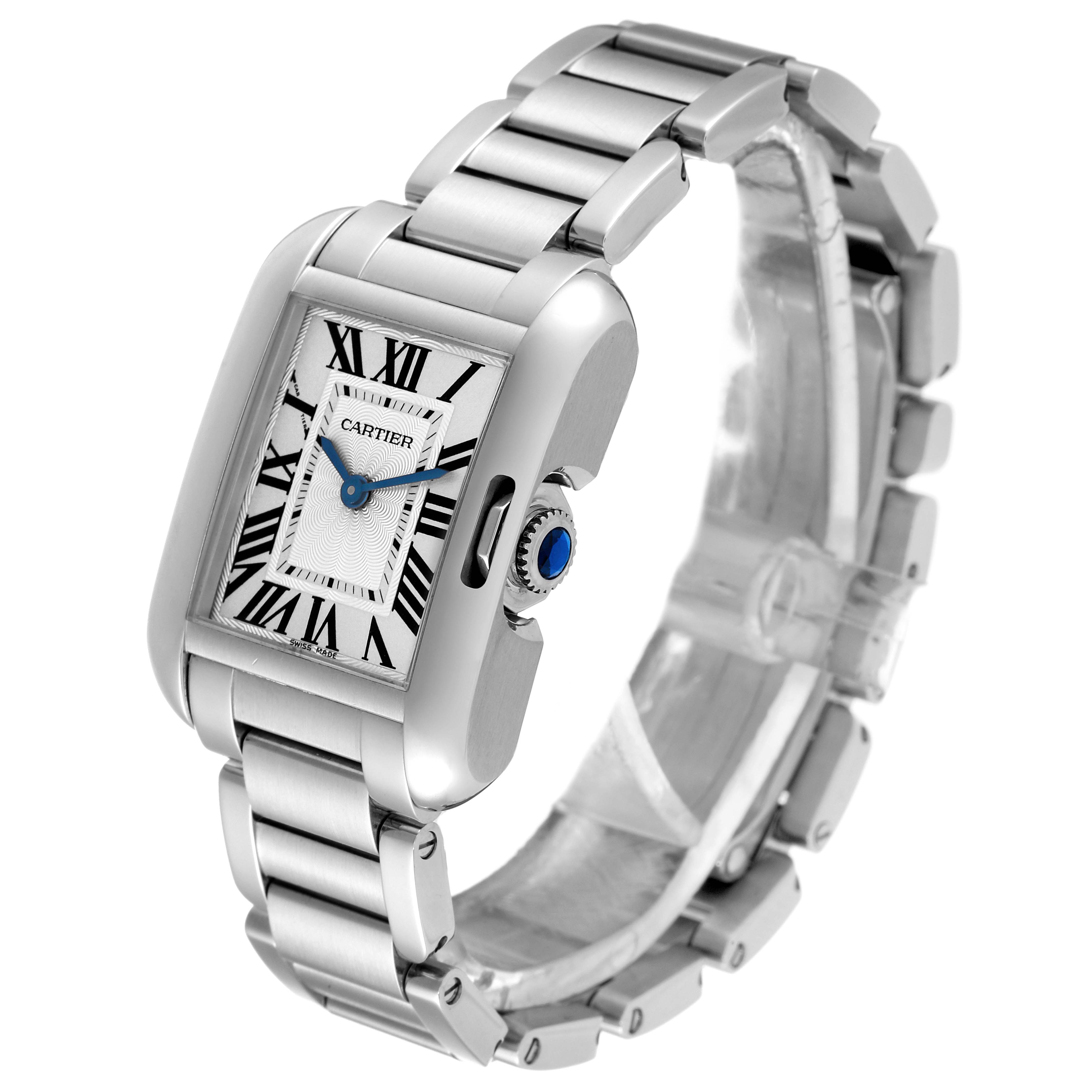 The image shows a side-angle view of the Cartier Tank Anglaise W5310022 Women's Stainless Steel Silver Dial W5310022 Women's Stainless Steel Silver Dial watch, showcasing its face, crown, and bracelet.