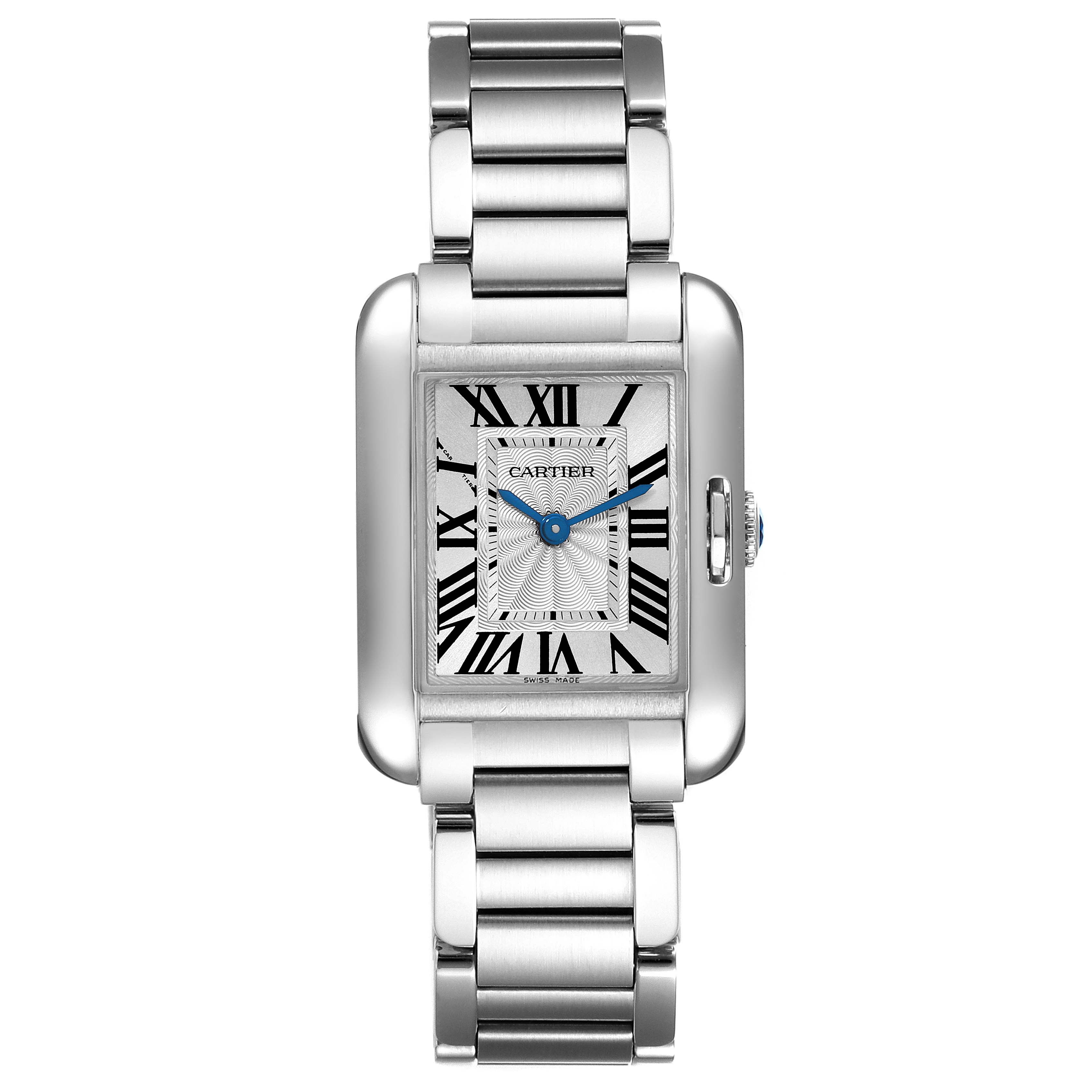 This image shows a front-facing view of a Cartier Tank Anglaise W5310022 Women's Stainless Steel Silver Dial W5310022 Women's Stainless Steel Silver Dial watch, highlighting its rectangular dial and metal bracelet.