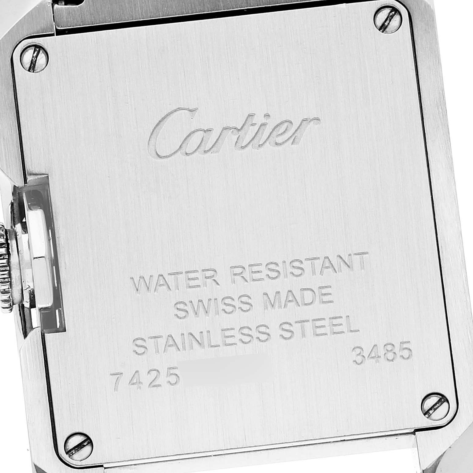 This image shows the back case of a Tank Anglaise model by Cartier, displaying its screws, markings, and crown.