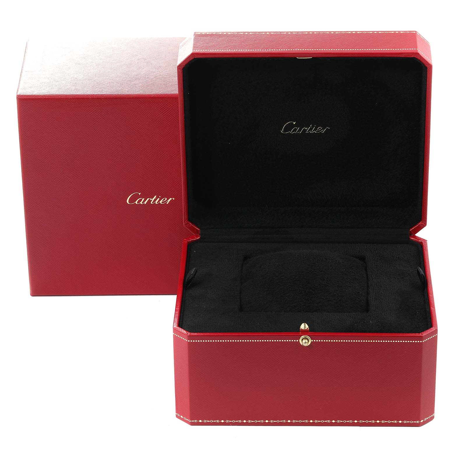 The image shows an open red Cartier box, likely for a Tank Anglaise model watch, featuring the Cartier logo inside.