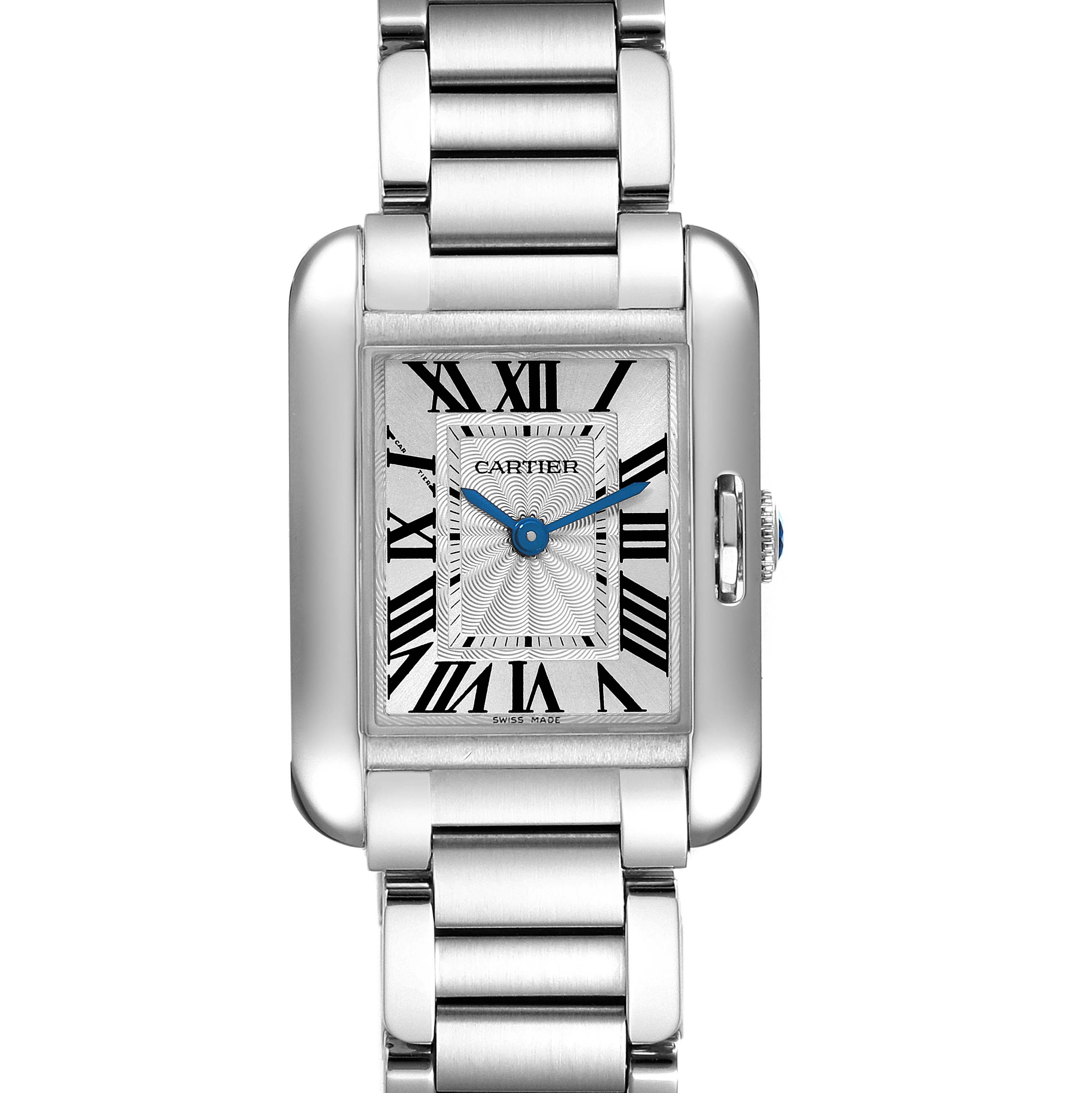 This is a front view of a Cartier Tank Anglaise W5310022 Women's Stainless Steel Silver Dial W5310022 Women's Stainless Steel Silver Dial watch, showing its rectangular face and metallic bracelet.