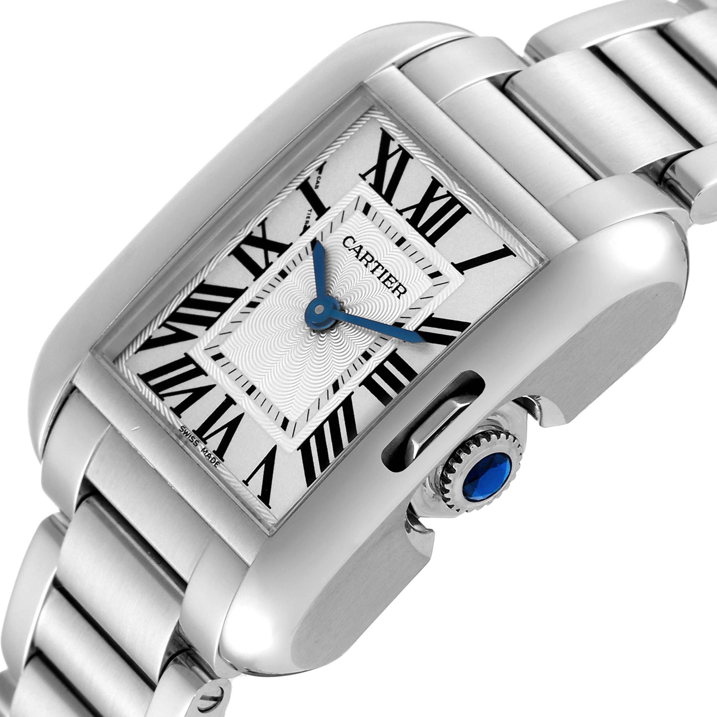 The image shows a close-up angle of a Cartier Tank Anglaise W5310022 Women's Stainless Steel Silver Dial W5310022 Women's Stainless Steel Silver Dial watch, highlighting its rectangular face, Roman numerals, and stainless steel strap.