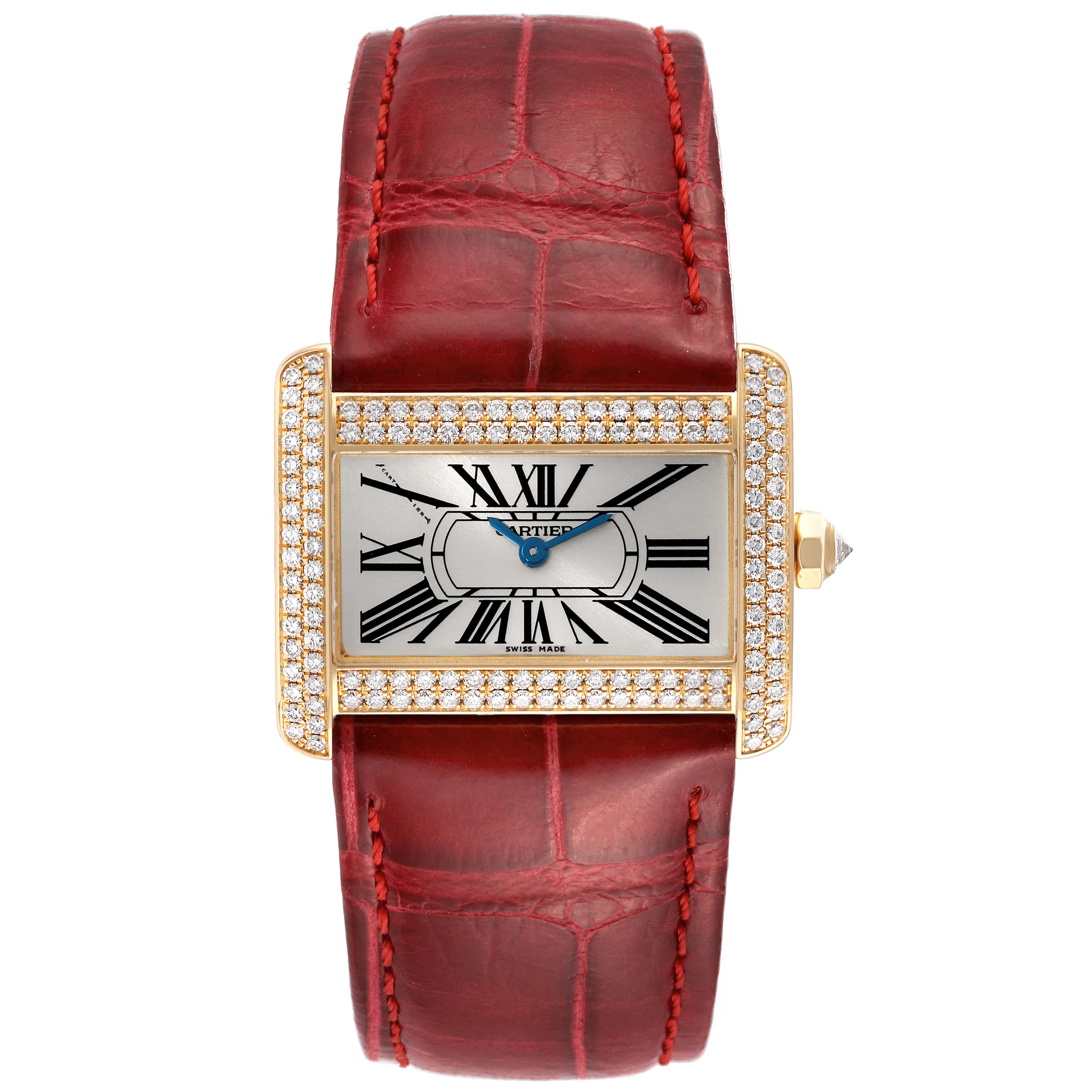 The image shows a front view of the Cartier Tank Divan WA301071 Women's Yellow Gold Silver Dial WA301071 Women's Yellow Gold Silver Dial watch with a red leather strap and a diamond-encrusted rectangular bezel.