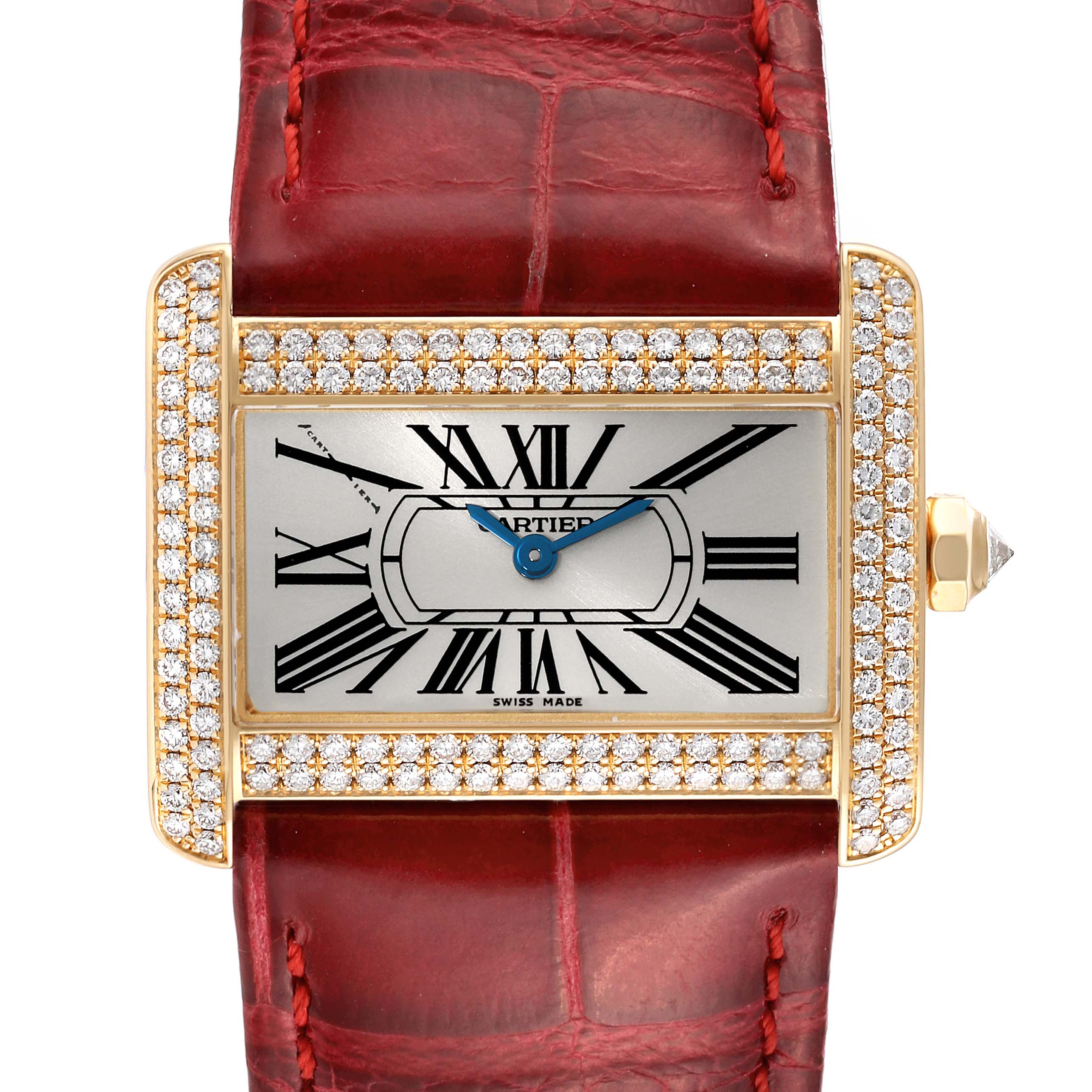 This Cartier Tank Divan WA301071 Women's Yellow Gold Silver Dial WA301071 Women's Yellow Gold Silver Dial model is shown from the front, showcasing its rectangular face, diamond bezel, and red leather strap.