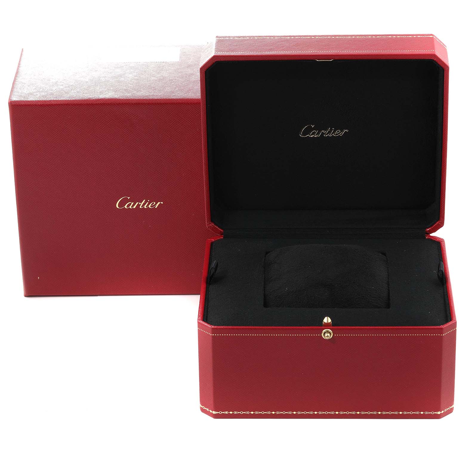 The image shows the packaging for the Cartier Tank Divan WA301071 Women's Yellow Gold Silver Dial WA301071 Women's Yellow Gold Silver Dial model, including an open watch box and its outer box.