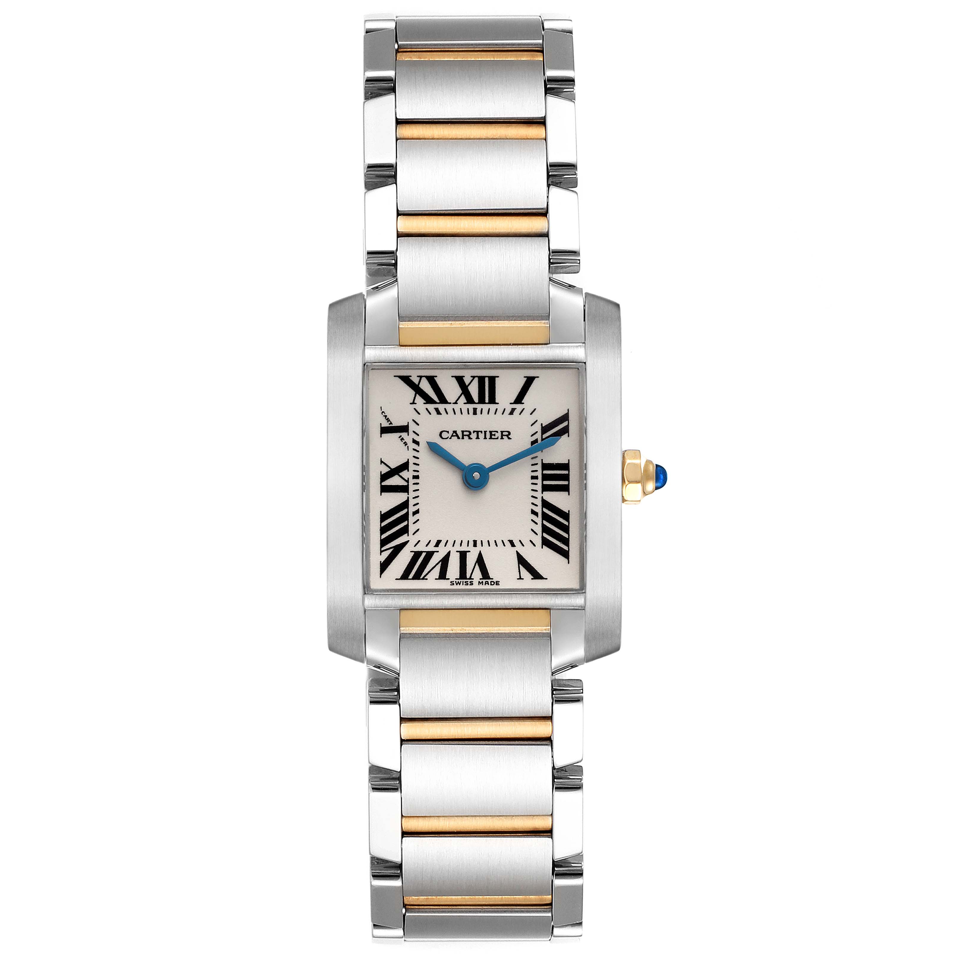 The Cartier Tank Française watch is shown from a top view, displaying the face, case, and full metal bracelet.