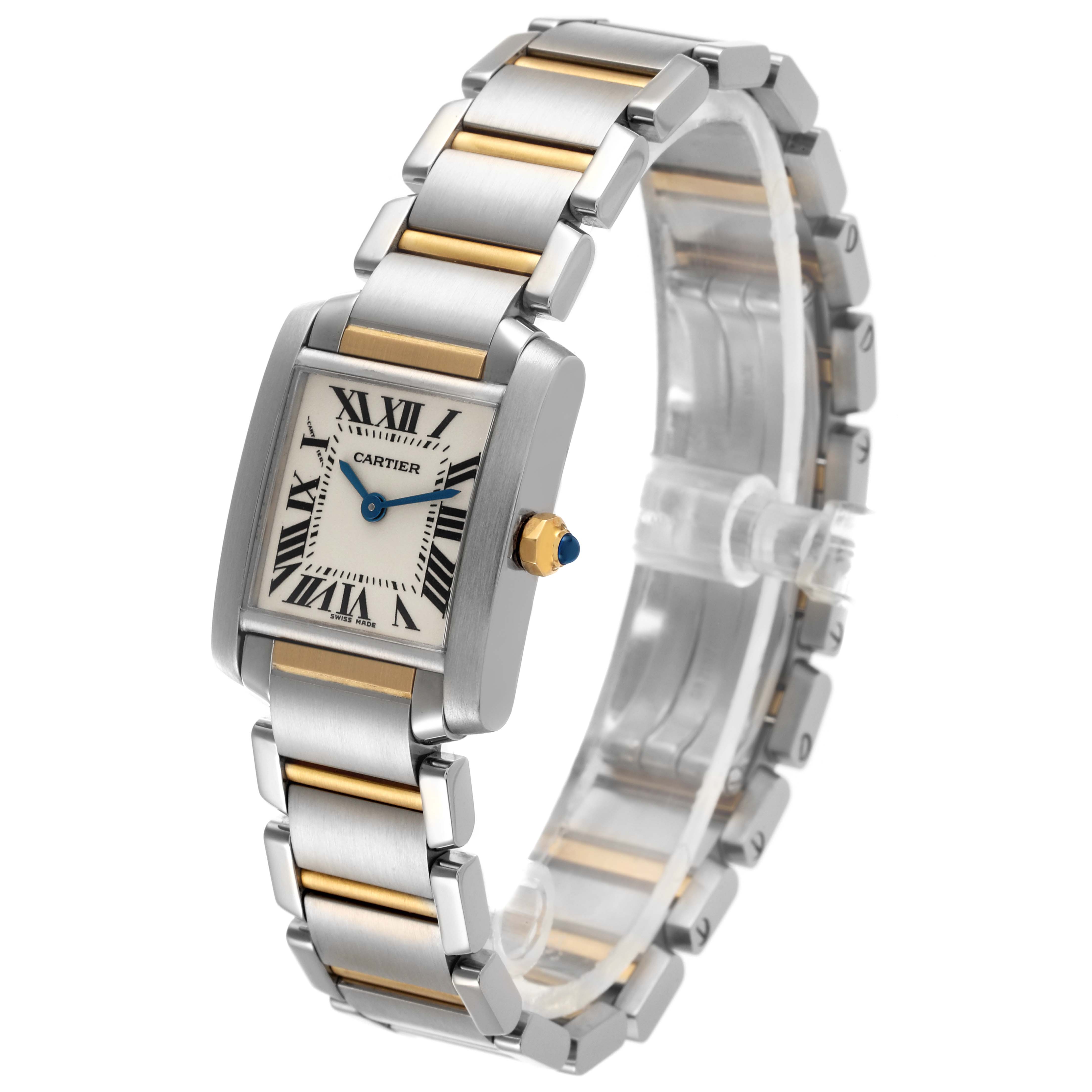 The Cartier Tank Francaise W51007Q4 Women's Steel and Gold (two tone) Silver Dial W51007Q4 Women's Steel and Gold (two tone) Silver Dial watch is shown at an angle displaying the face, crown, and two-tone bracelet.