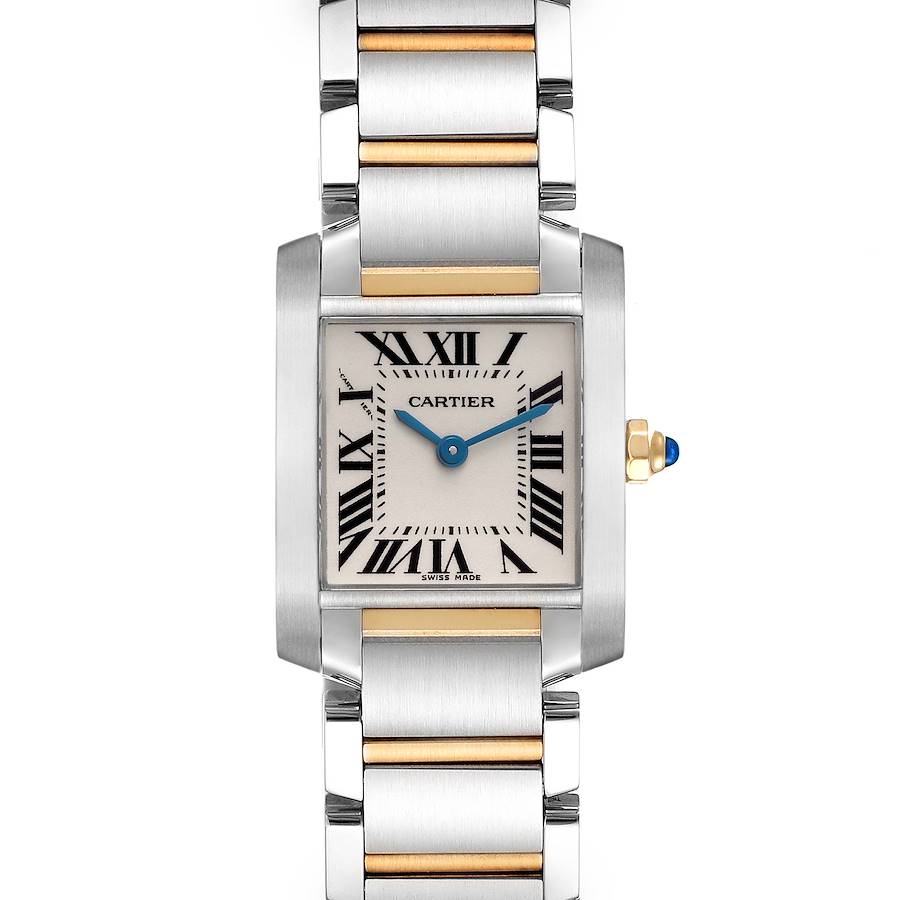 The Cartier Tank Française watch is shown from a front angle, highlighting its rectangular face and stainless steel and gold bracelet.