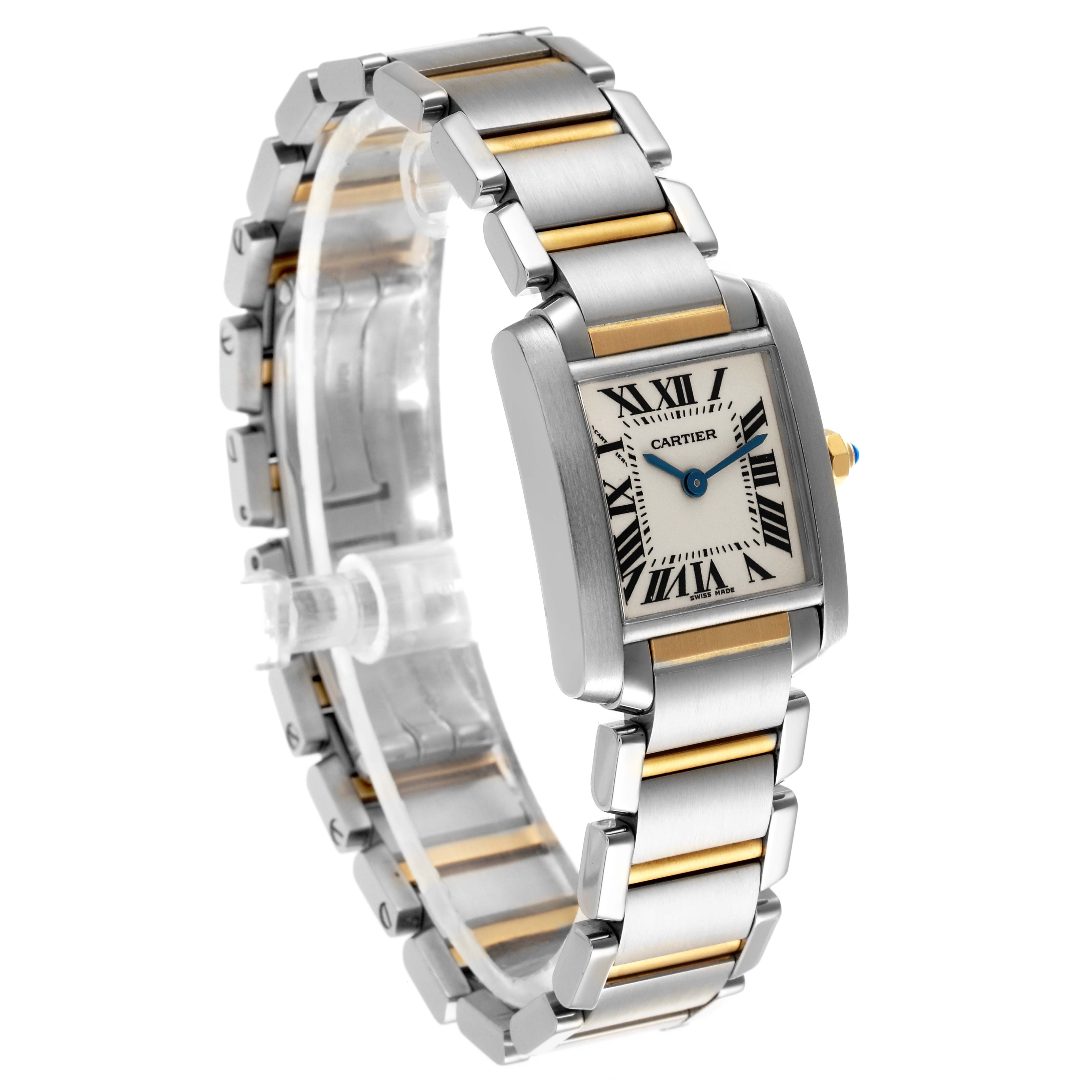 The Cartier Tank Francaise W51007Q4 Women's Steel and Gold (two tone) Silver Dial W51007Q4 Women's Steel and Gold (two tone) Silver Dial watch is shown at a three-quarter angle, highlighting its face, bezel, and two-tone metal bracelet.