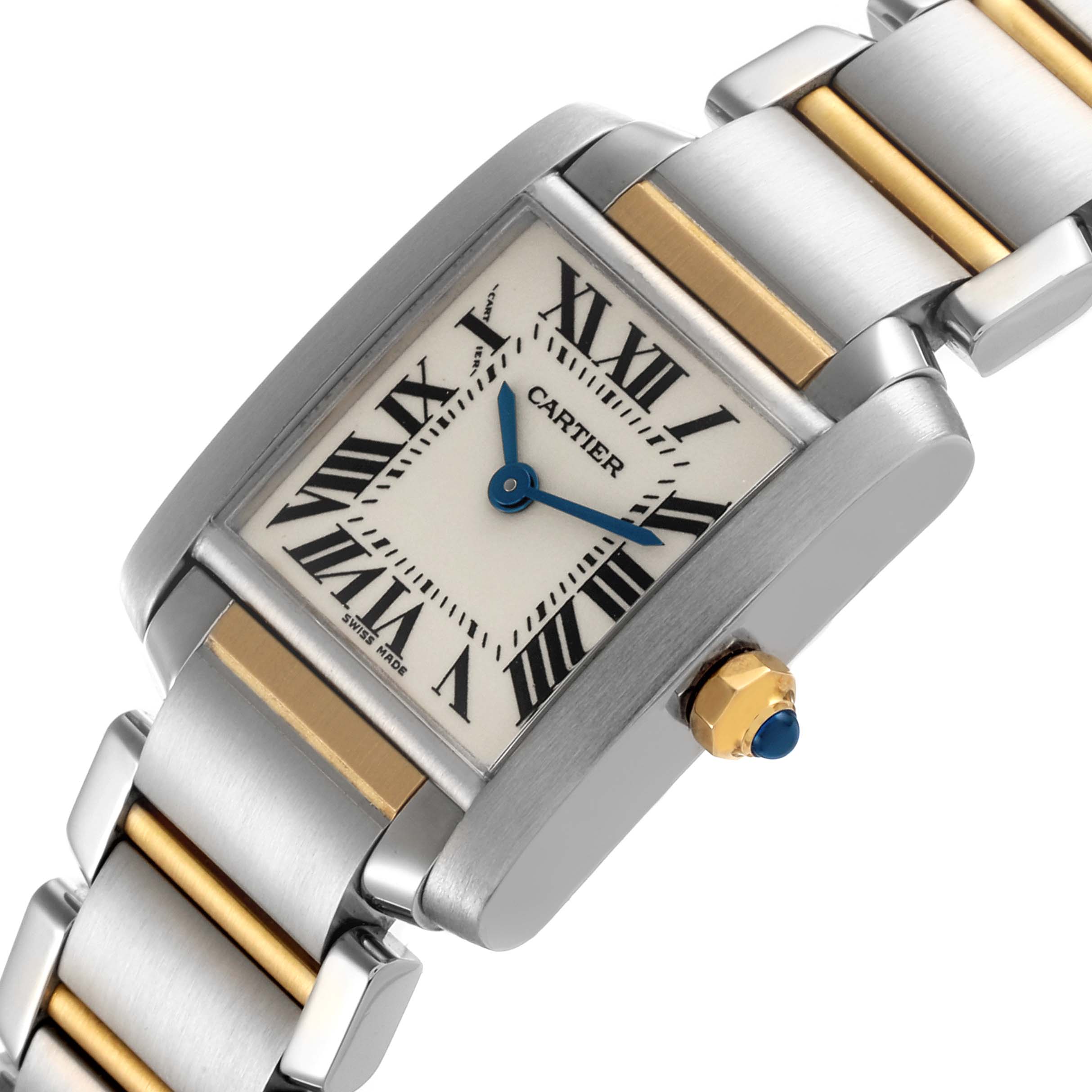 The Cartier Tank Française watch is shown at an angled close-up, highlighting the dial, crown, and part of the bracelet.