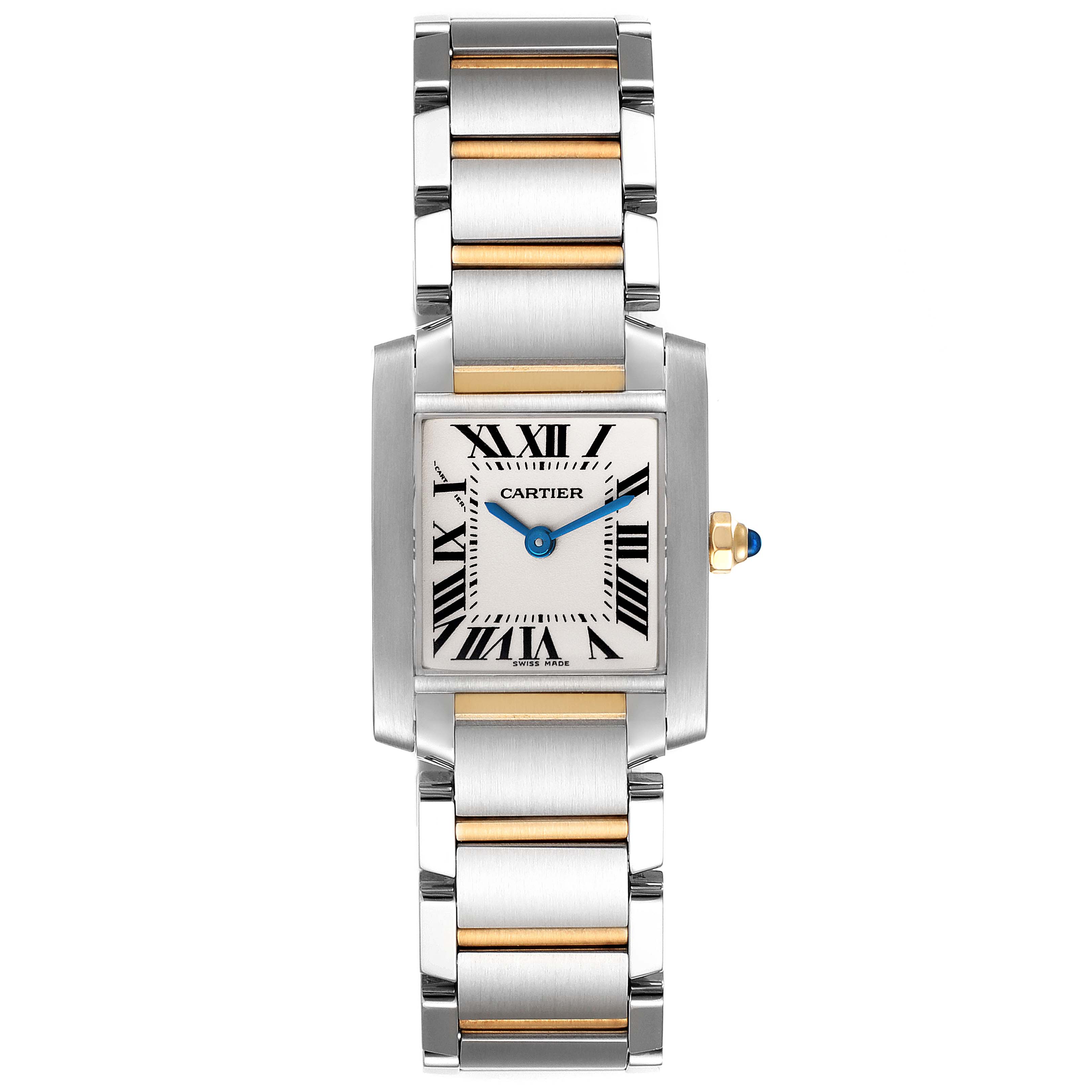 The image shows a front view of a Cartier Tank Francaise W51007Q4 Women's Steel and Gold (two tone) Silver Dial W51007Q4 Women's Steel and Gold (two tone) Silver Dial watch, displaying its face, bracelet, and crown.