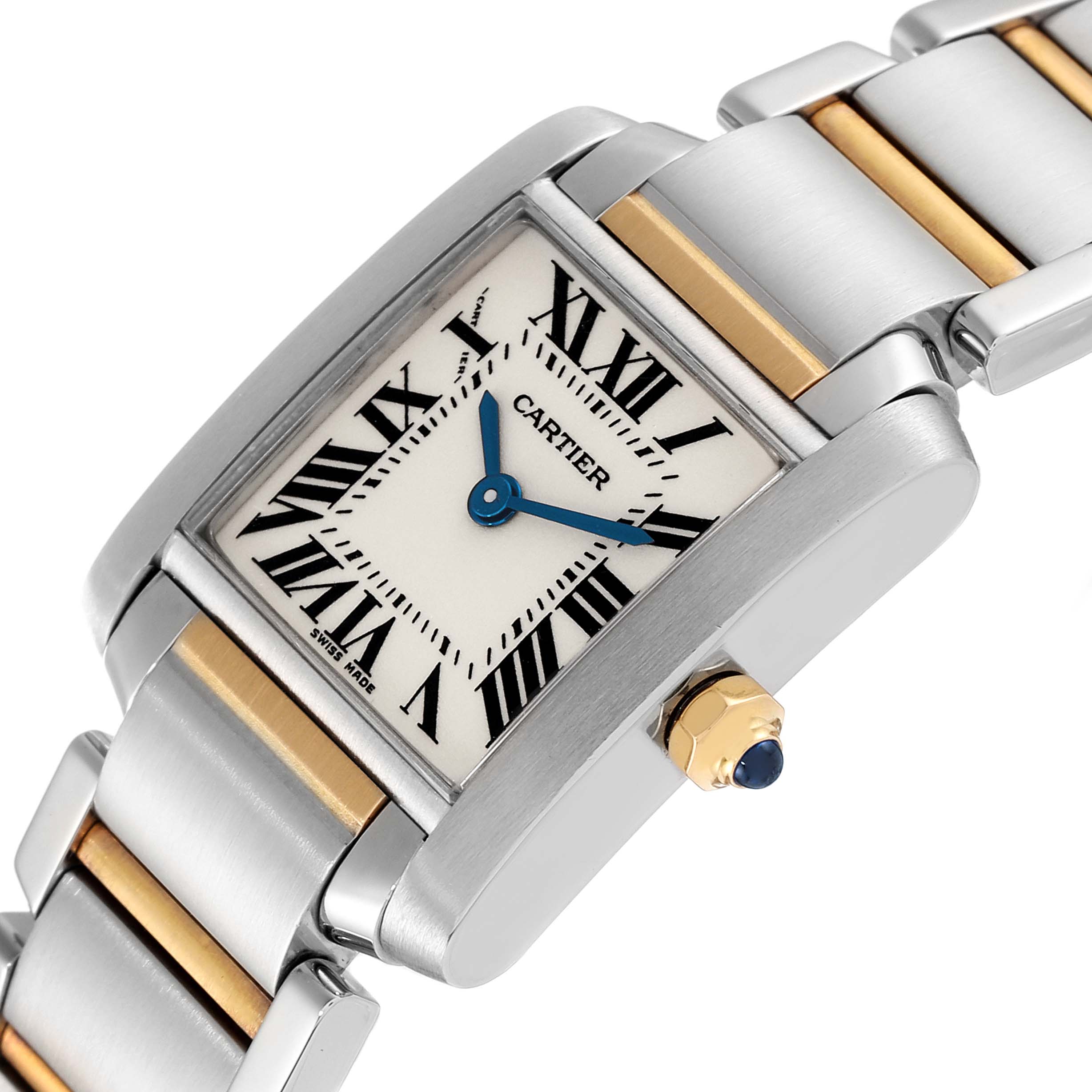 The image shows a close-up angle of a Cartier Tank Francaise W51007Q4 Women's Steel and Gold (two tone) Silver Dial W51007Q4 Women's Steel and Gold (two tone) Silver Dial watch, highlighting its face, crown, and bracelet.