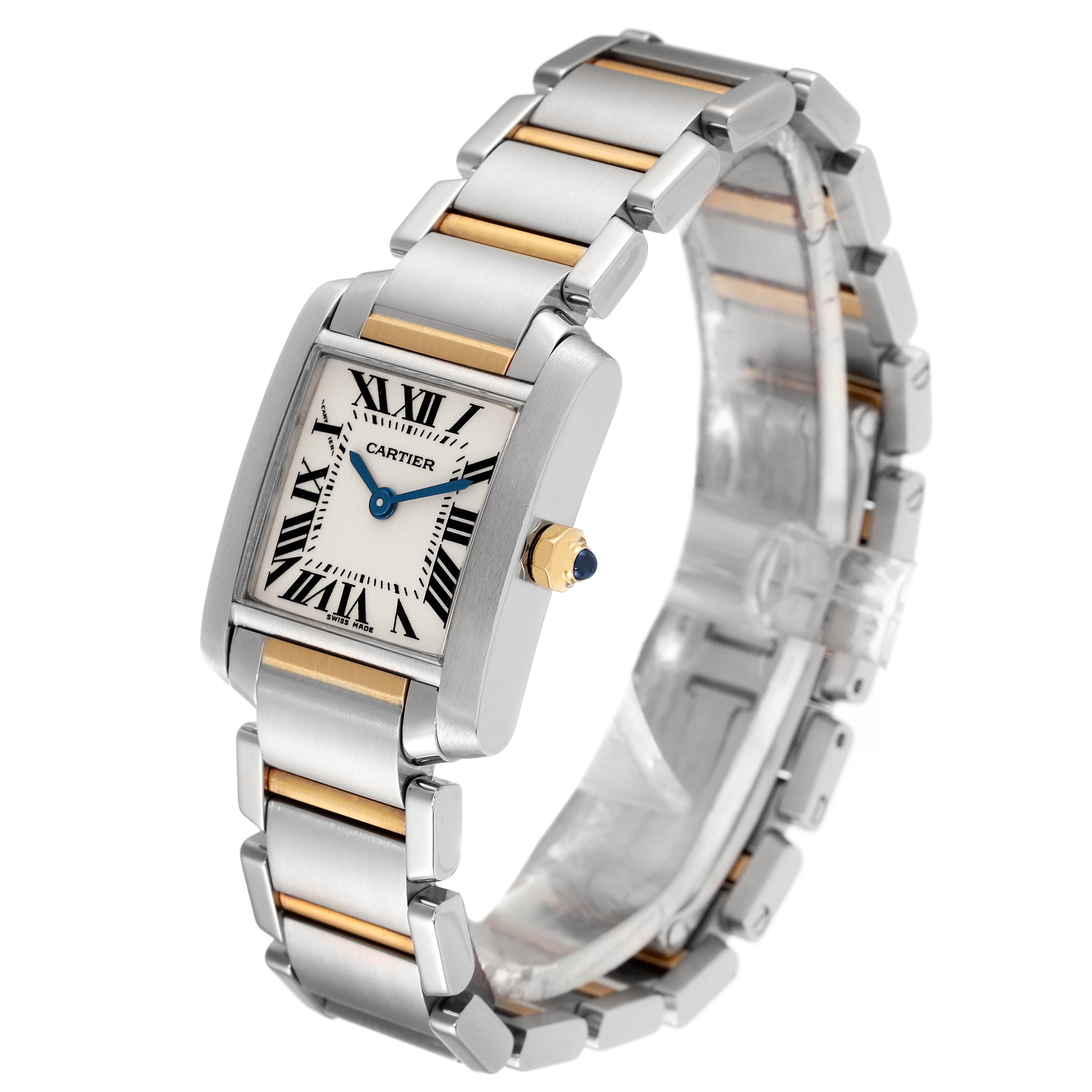 The Cartier Tank Francaise W51007Q4 Women's Steel and Gold (two tone) Silver Dial W51007Q4 Women's Steel and Gold (two tone) Silver Dial watch is shown at a three-quarter angle, highlighting its bracelet and square dial with Roman numerals.