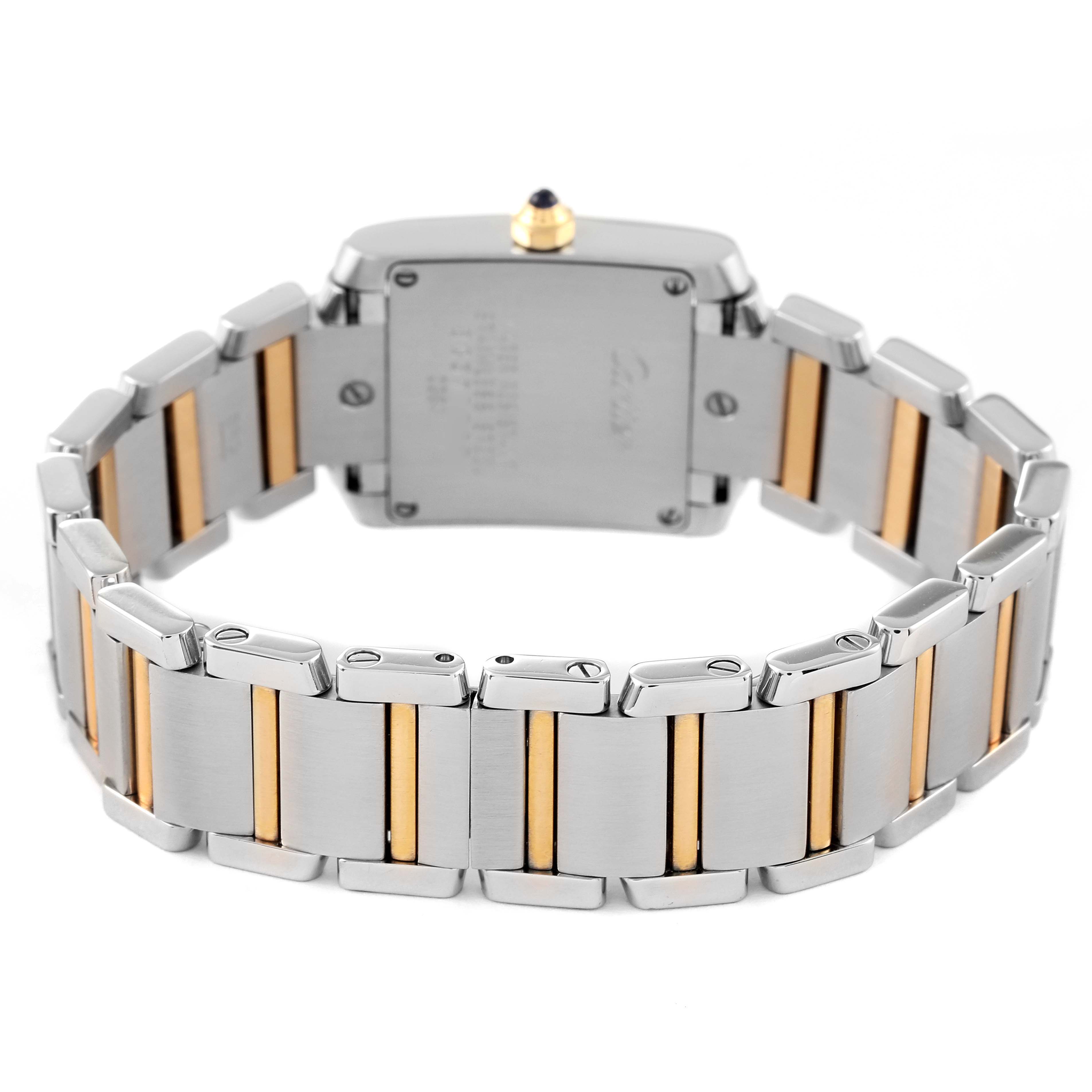 The image shows the back view of a Cartier Tank Française watch, highlighting the case back, crown, and two-tone bracelet.
