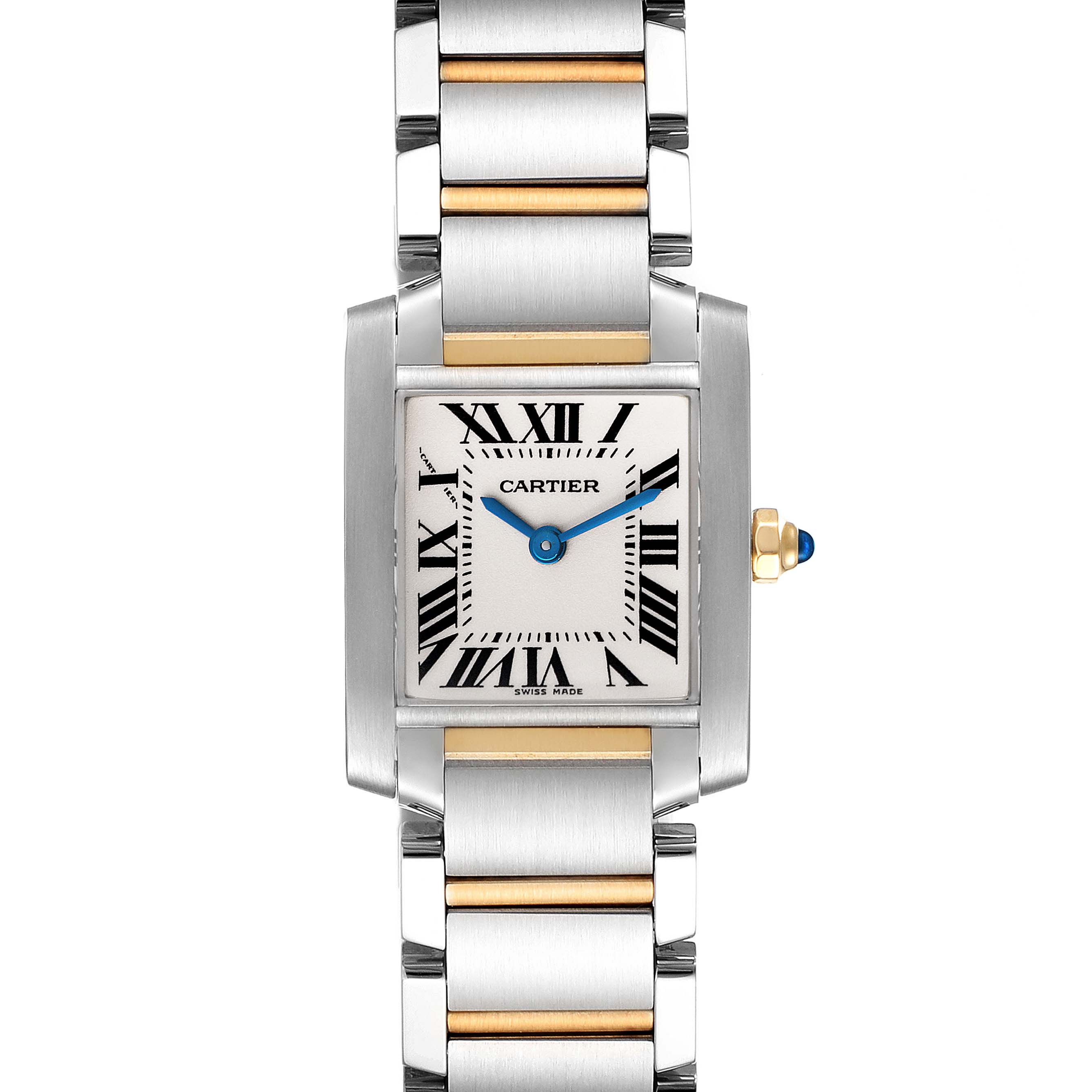 The image shows a Cartier Tank Francaise W51007Q4 Women's Steel and Gold (two tone) Silver Dial W51007Q4 Women's Steel and Gold (two tone) Silver Dial watch front view, highlighting its rectangular face, Roman numerals, and metal bracelet.