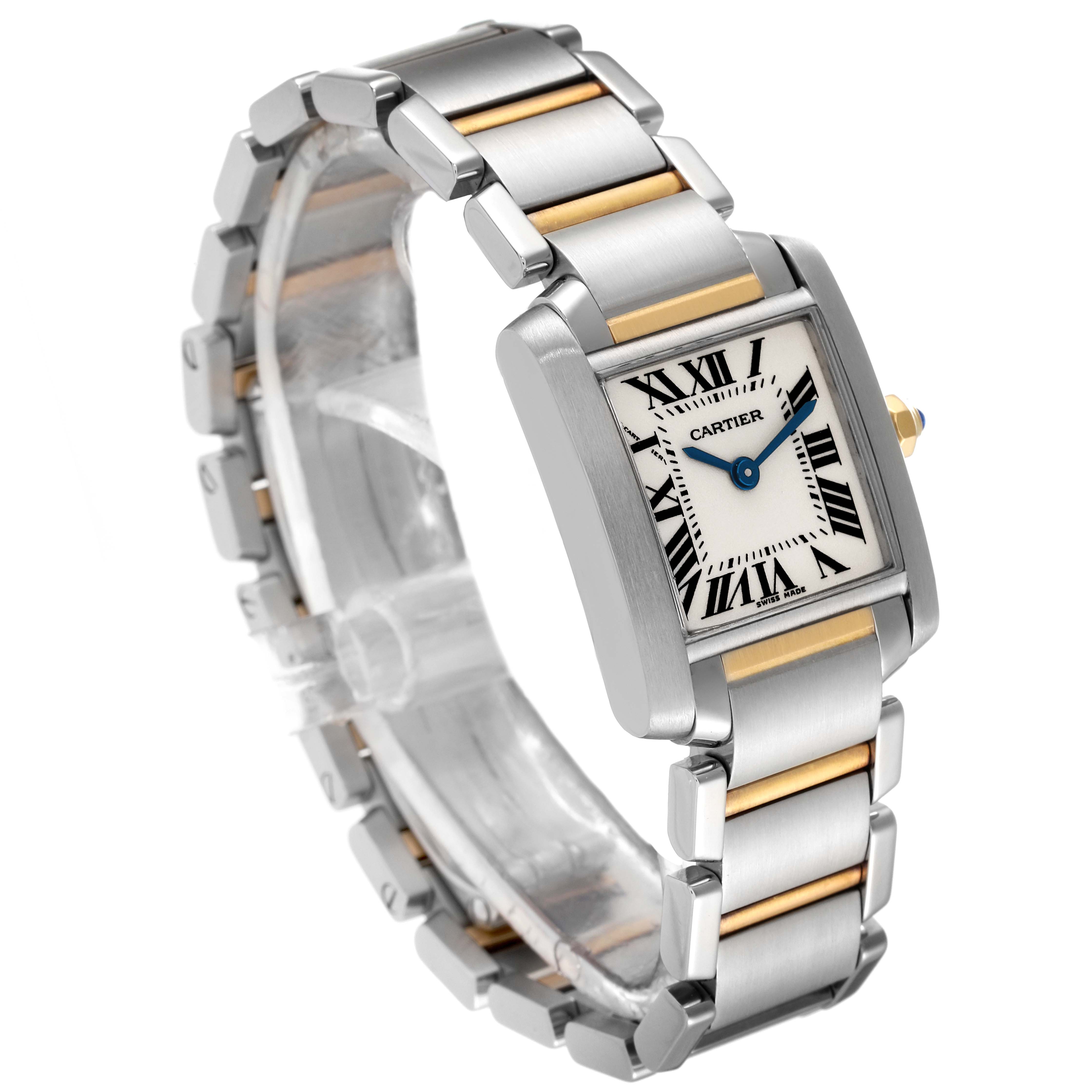 The Cartier Tank Francaise W51007Q4 Women's Steel and Gold (two tone) Silver Dial W51007Q4 Women's Steel and Gold (two tone) Silver Dial watch is shown at a slight angle, highlighting its rectangular face, Roman numerals, and bracelet.