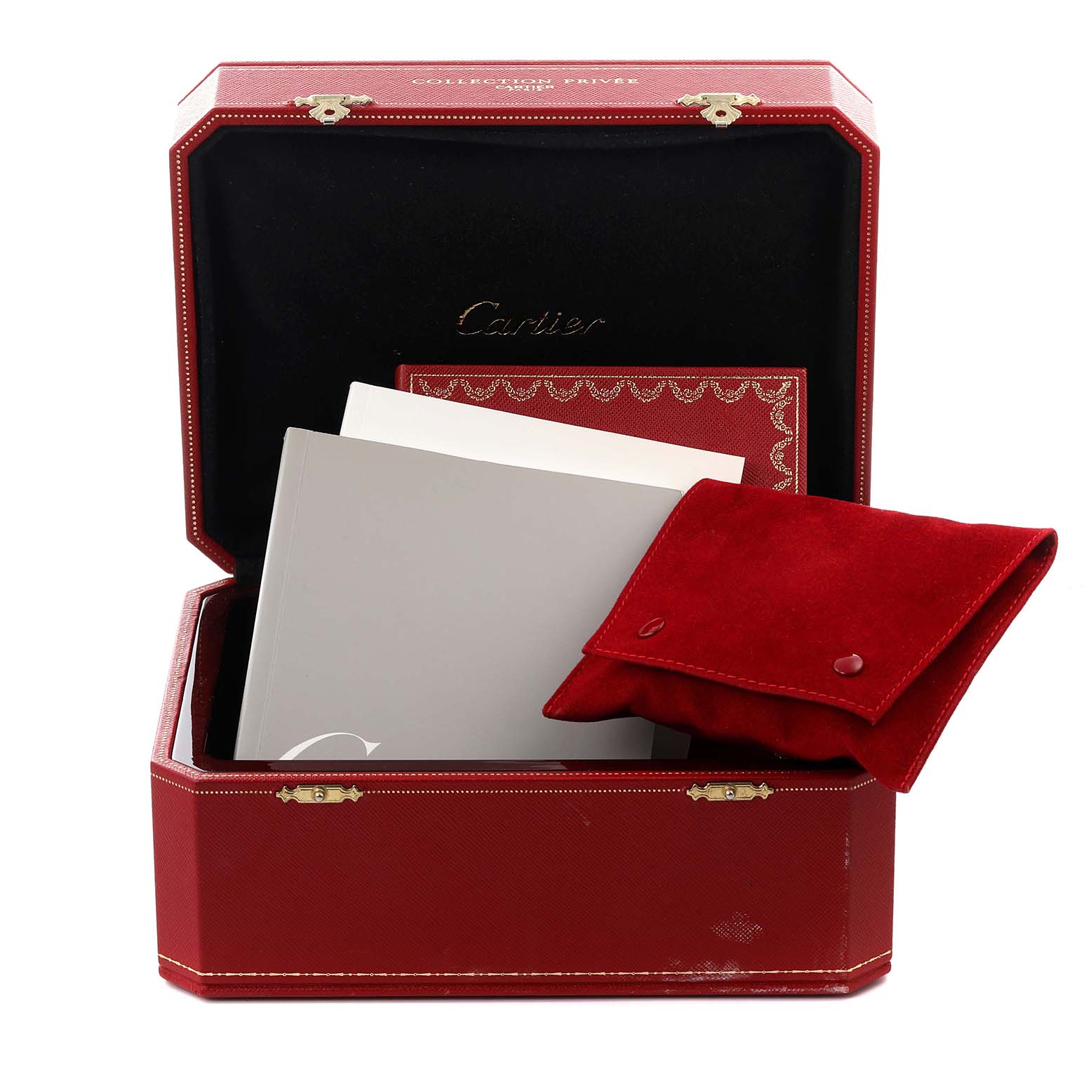 The image shows the Cartier Tonneau W1546251 Men
s Rose Gold Silver Dial W1546251 Men
s Rose Gold Silver Dial watch box, pouch, and booklets from a top angle.