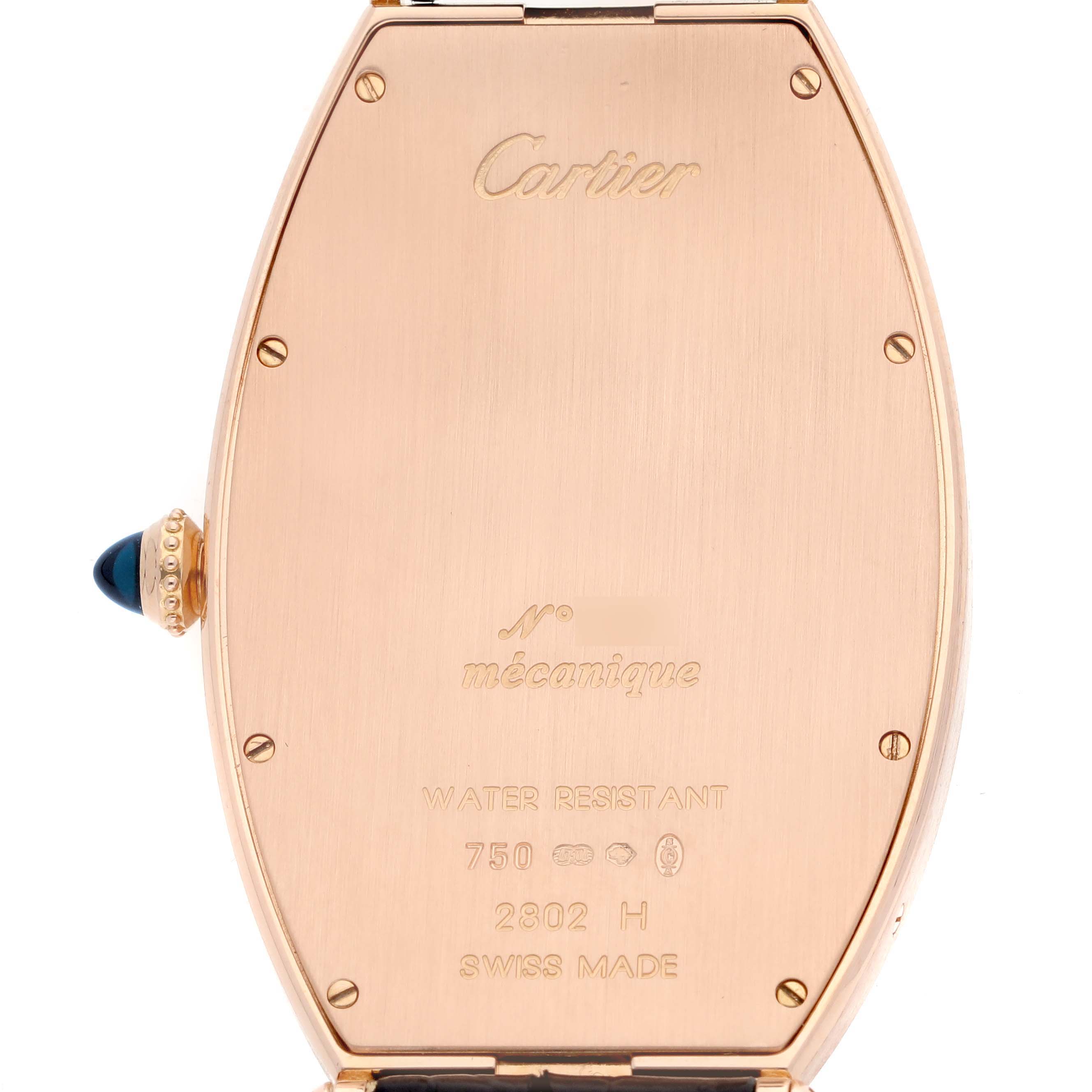 The image shows the back view of a Cartier Tonneau W1546251 Men
s Rose Gold Silver Dial W1546251 Men
s Rose Gold Silver Dial watch, highlighting the case back and crown.