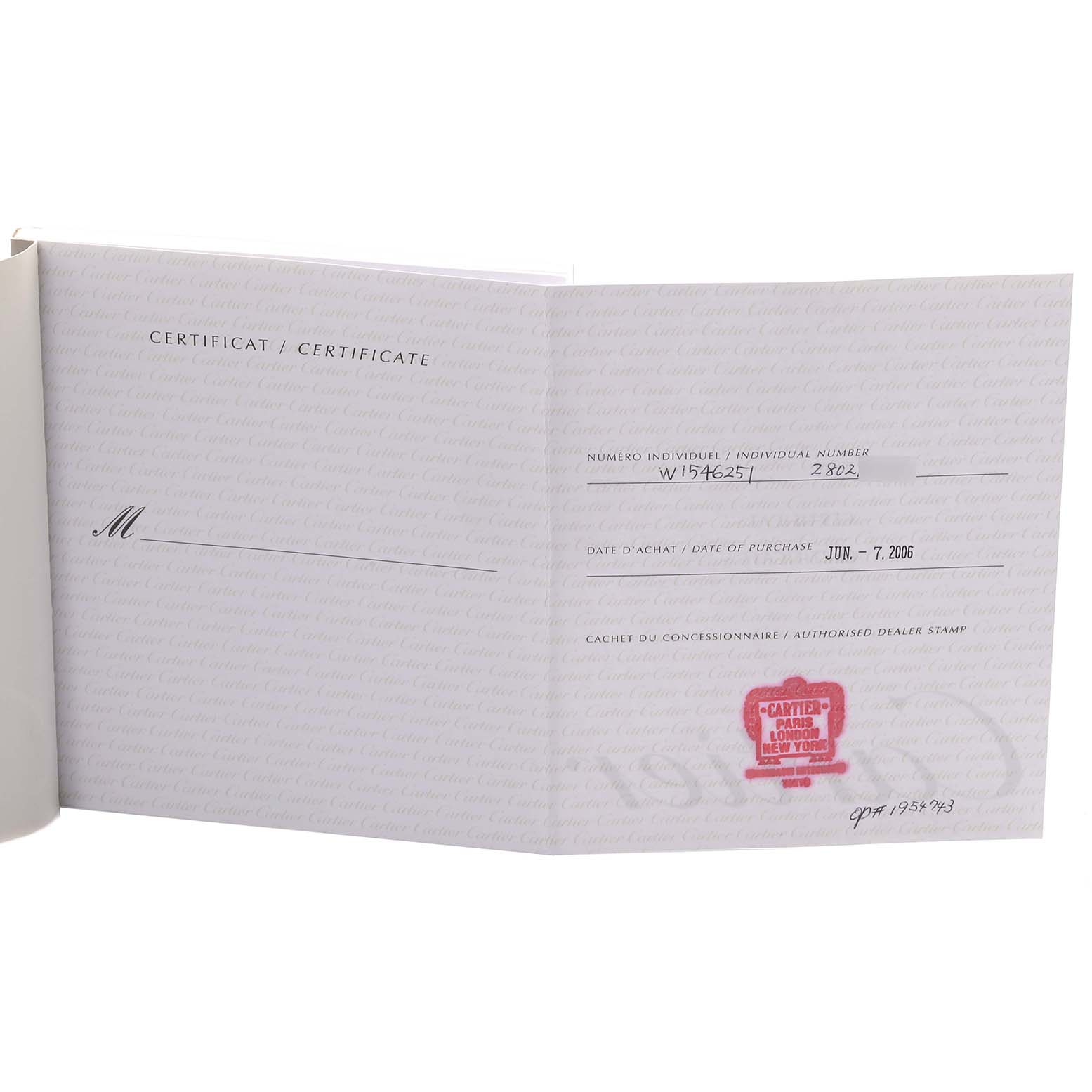 This image shows a certificate document for the Tonneau model by Cartier.