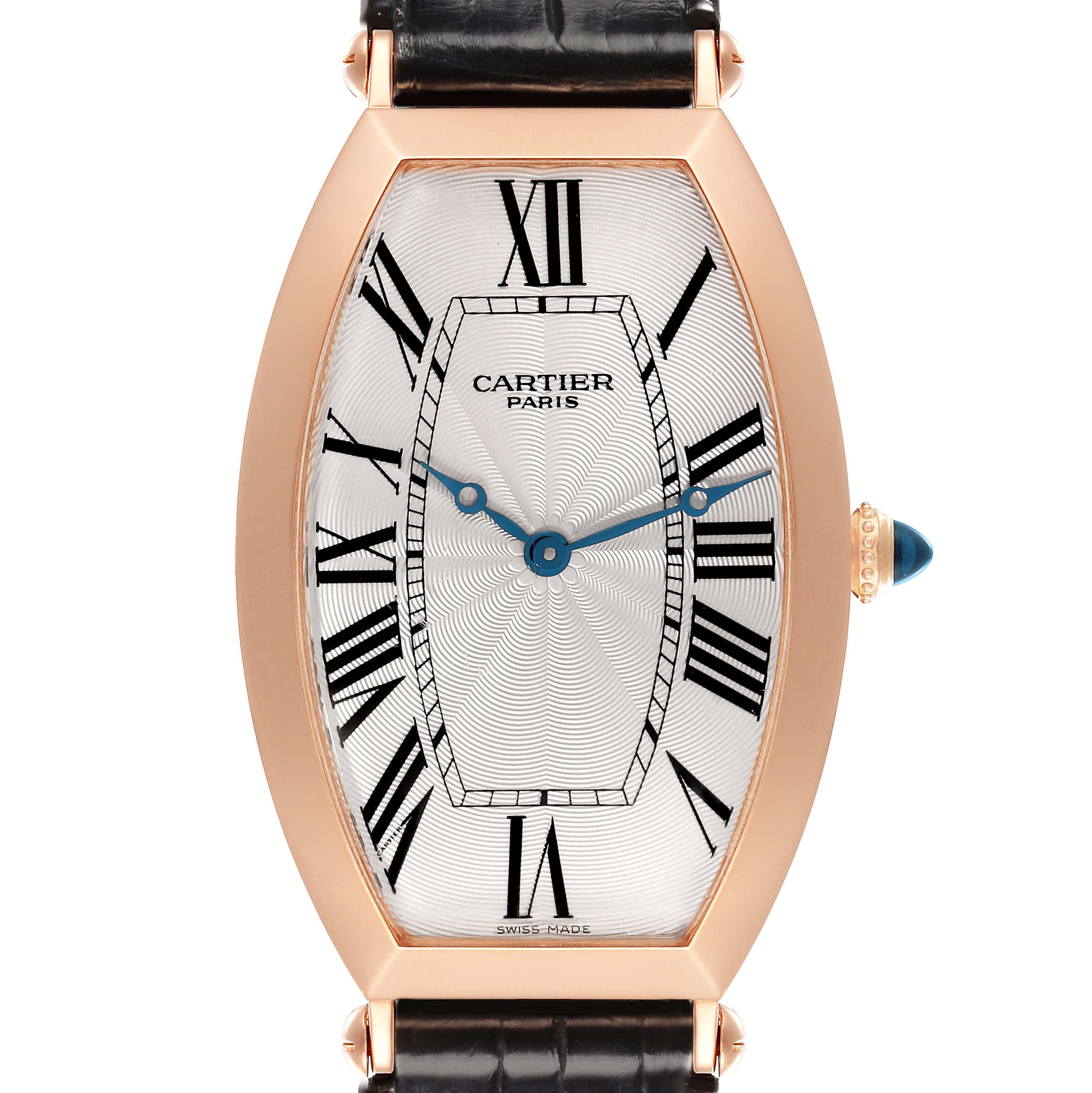 The Cartier Tonneau W1546251 Men
s Rose Gold Silver Dial W1546251 Men
s Rose Gold Silver Dial watch is shown from the front, displaying its elongated case, Roman numerals, and a leather strap.