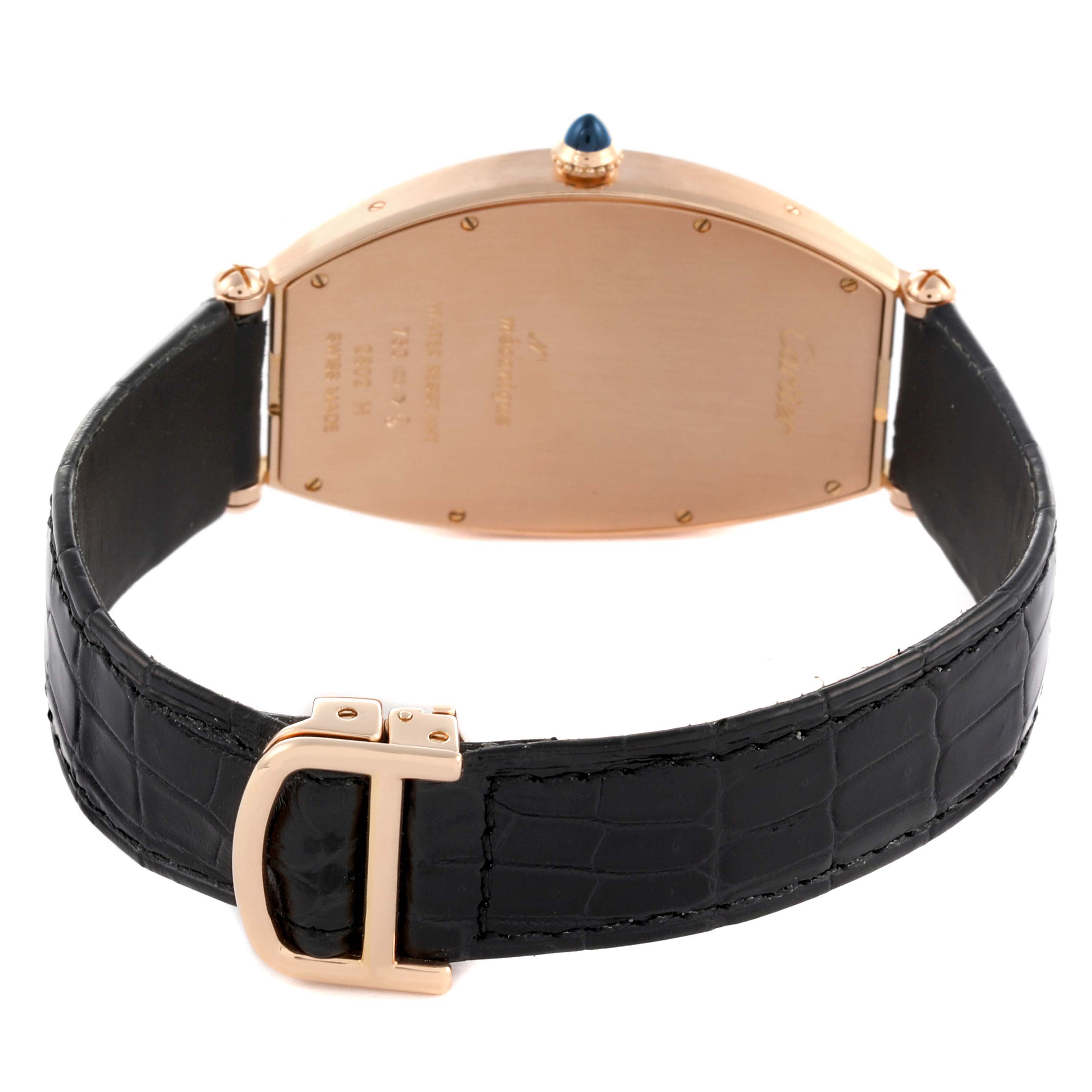 The image shows the back and strap of the Cartier Tonneau W1546251 Men
s Rose Gold Silver Dial W1546251 Men
s Rose Gold Silver Dial watch, highlighting the clasp and caseback details.