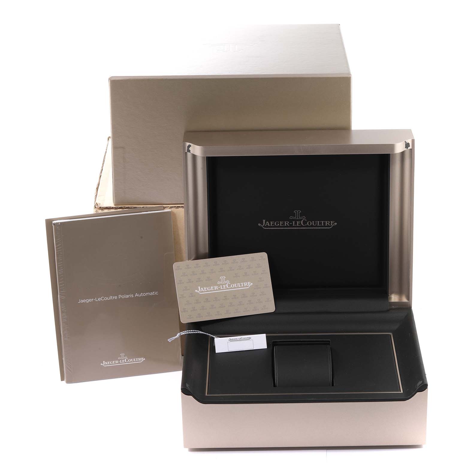The Jaeger LeCoultre Polaris Q9008471 Men's Stainless Steel Black Dial Q9008471 Men's Stainless Steel Black Dial watch packaging is shown, including the box, instruction manual, and warranty card.