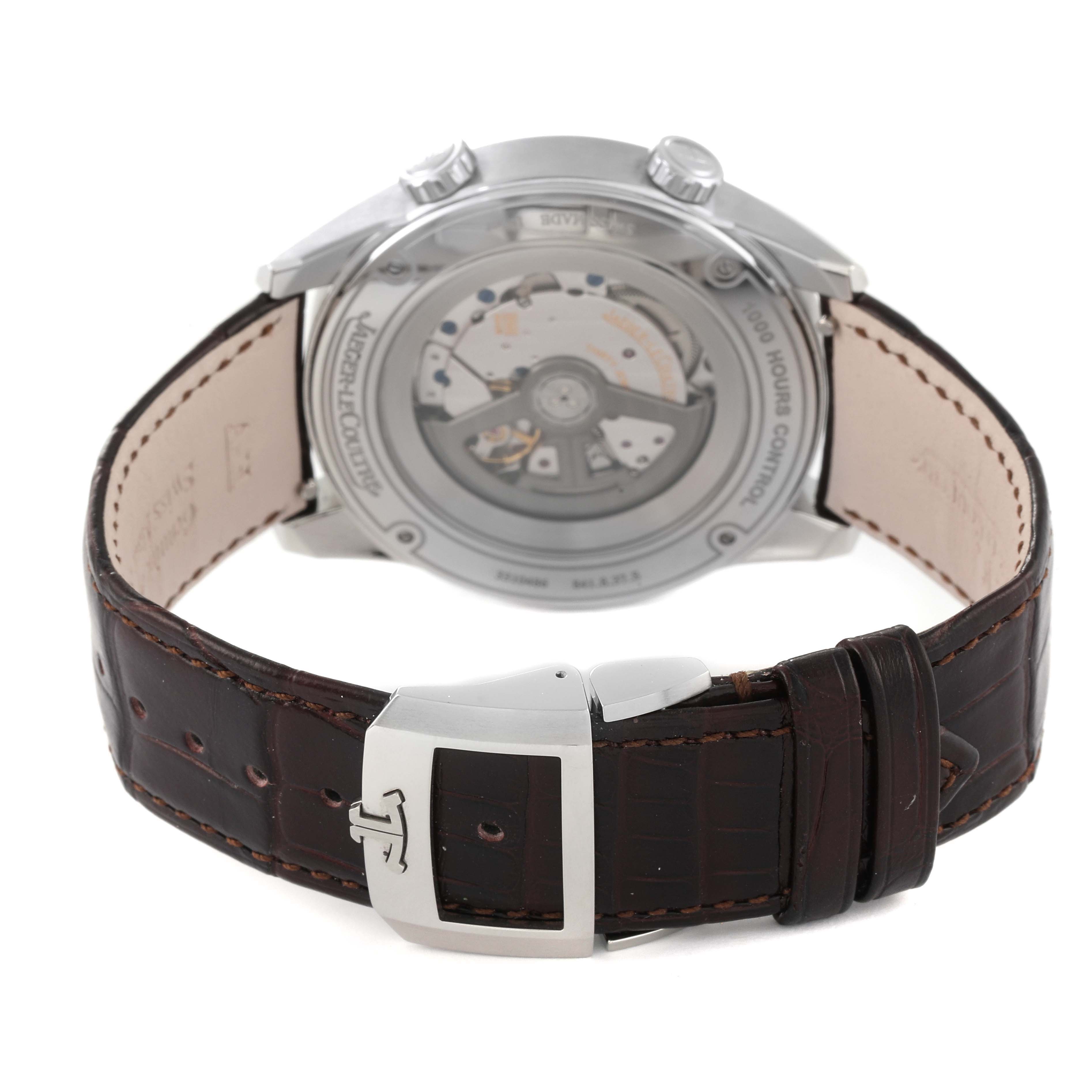 This image shows the back view of the Jaeger LeCoultre Polaris Q9008471 Men's Stainless Steel Black Dial Q9008471 Men's Stainless Steel Black Dial watch, highlighting its movement and leather strap with a buckle.