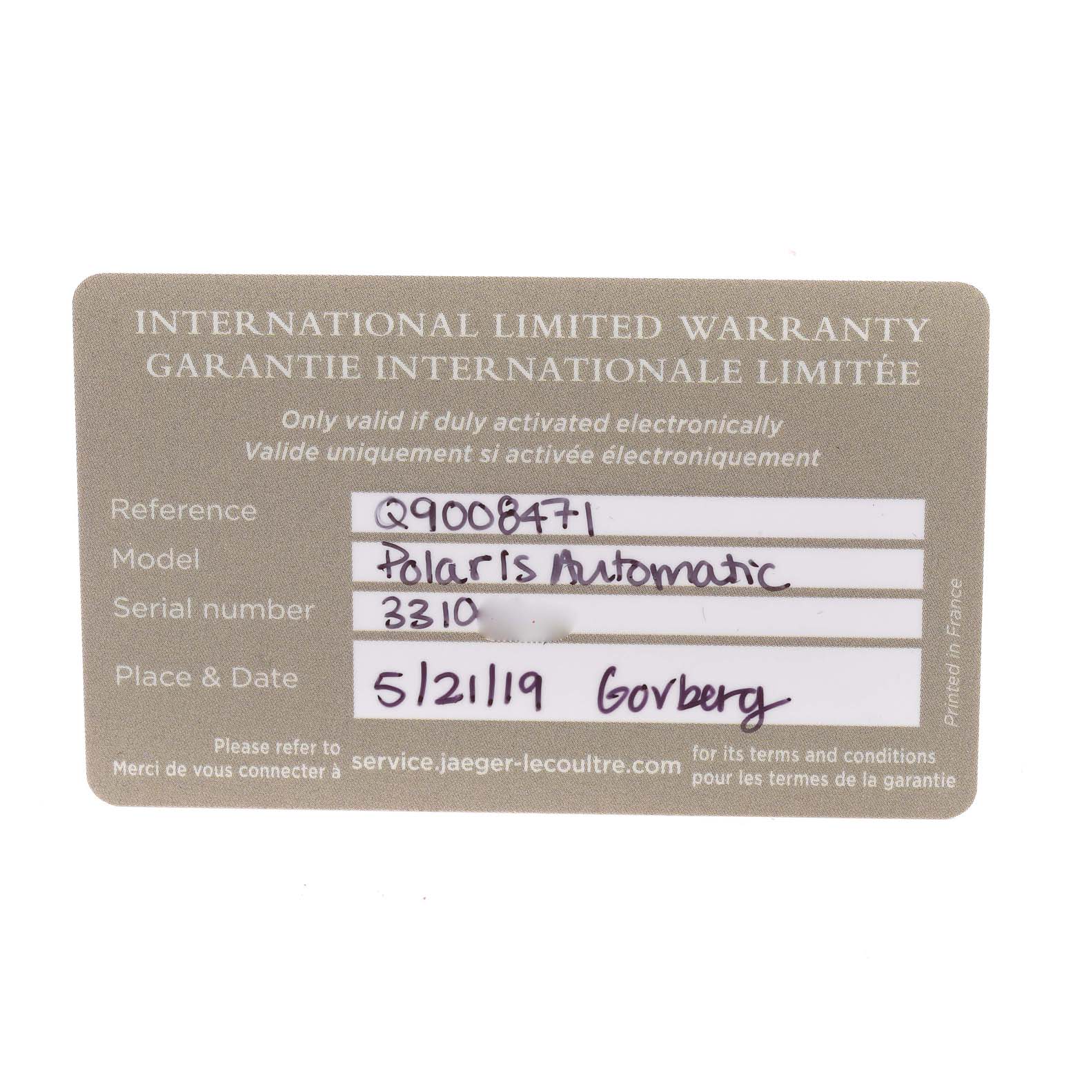 The image shows an International Limited Warranty card for a Jaeger LeCoultre Polaris Q9008471 Men's Stainless Steel Black Dial Q9008471 Men's Stainless Steel Black Dial Automatic watch, displaying model, serial number, place, and date.