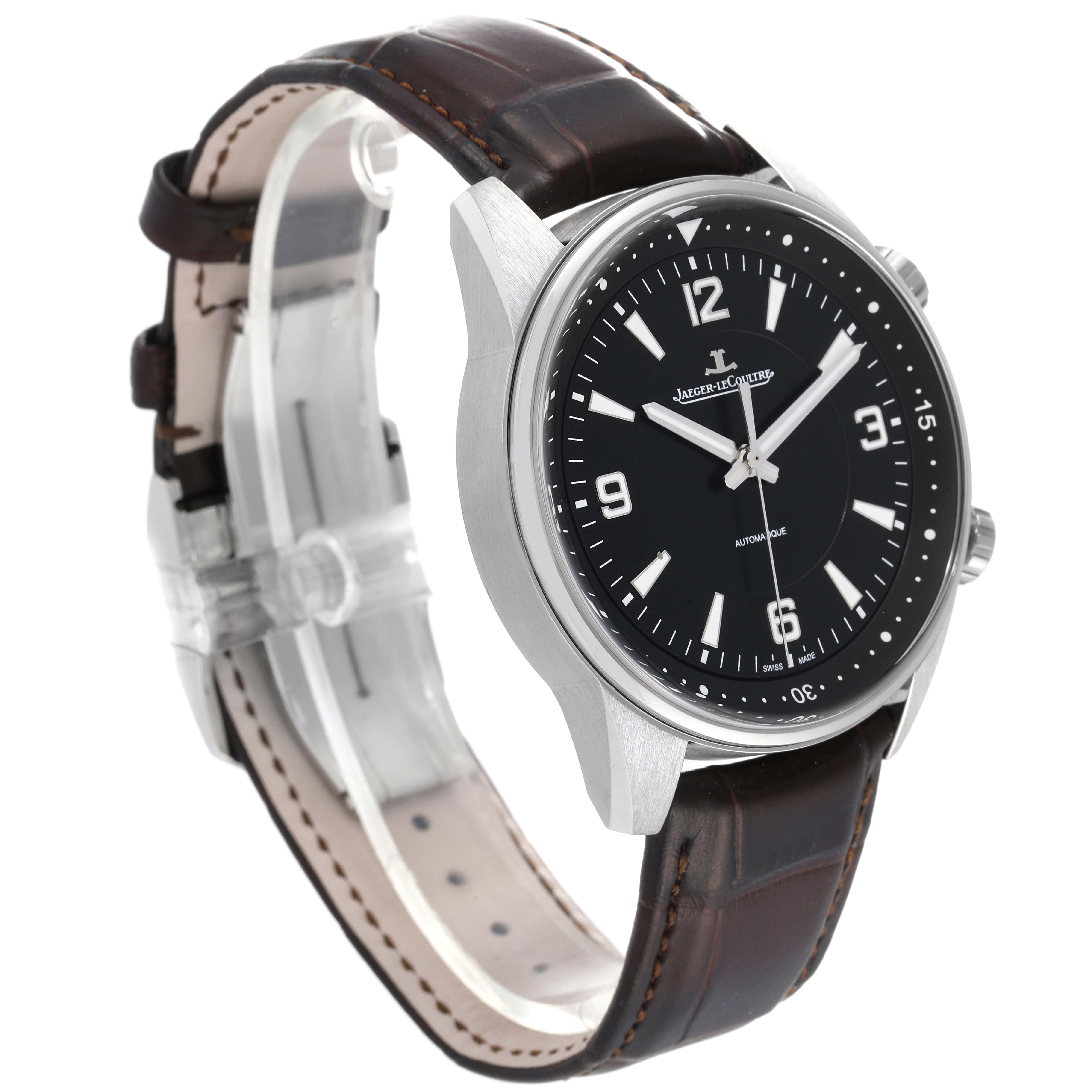 This image shows a side angle of the Jaeger LeCoultre Polaris Q9008471 Men's Stainless Steel Black Dial Q9008471 Men's Stainless Steel Black Dial watch, highlighting its dial, crown, and leather strap.