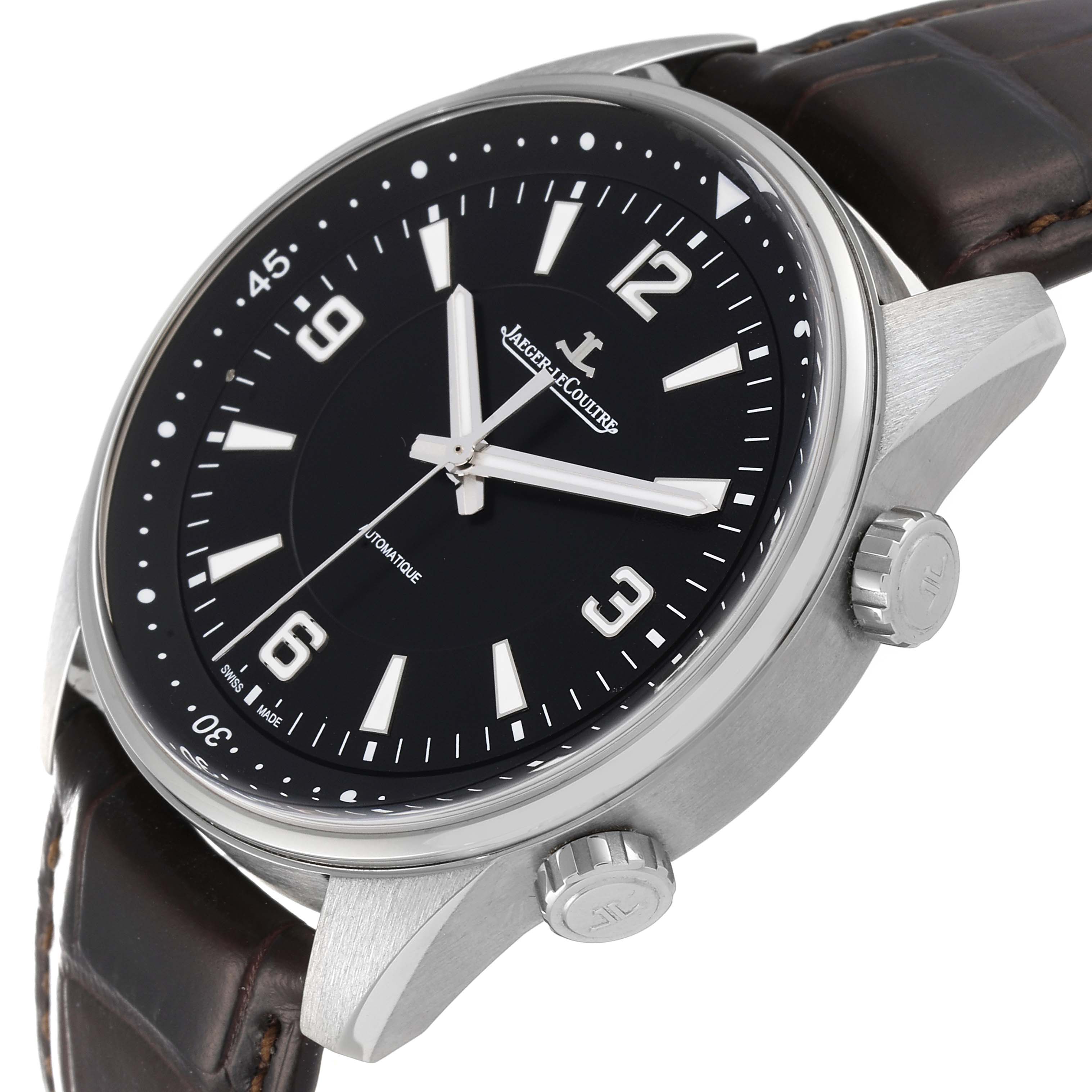The image shows a Jaeger LeCoultre Polaris Q9008471 Men's Stainless Steel Black Dial Q9008471 Men's Stainless Steel Black Dial watch at an angled view, highlighting its face, crown, and leather strap.