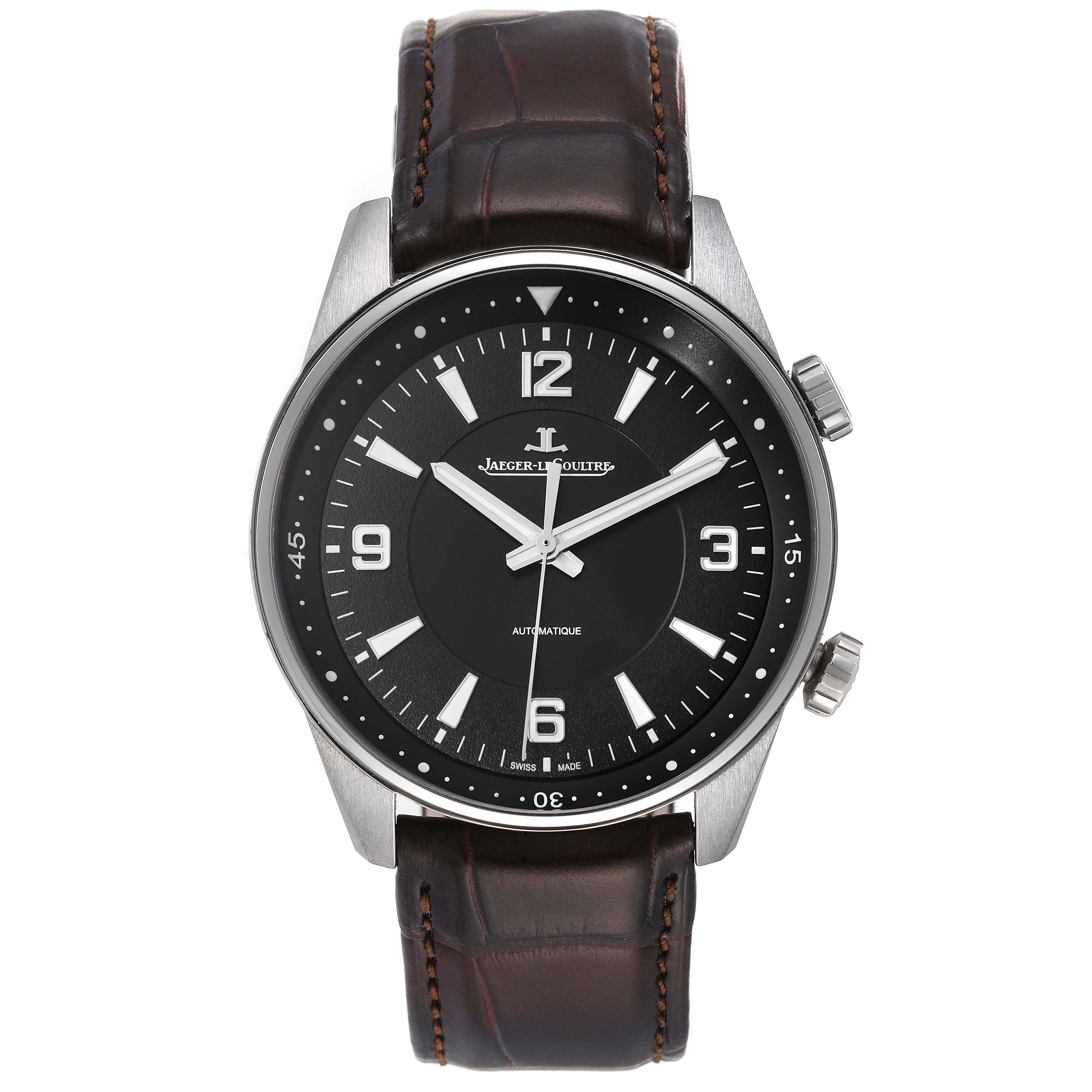 The image shows a Jaeger LeCoultre Polaris Q9008471 Men's Stainless Steel Black Dial Q9008471 Men's Stainless Steel Black Dial watch from a front view, highlighting the dial and leather strap.